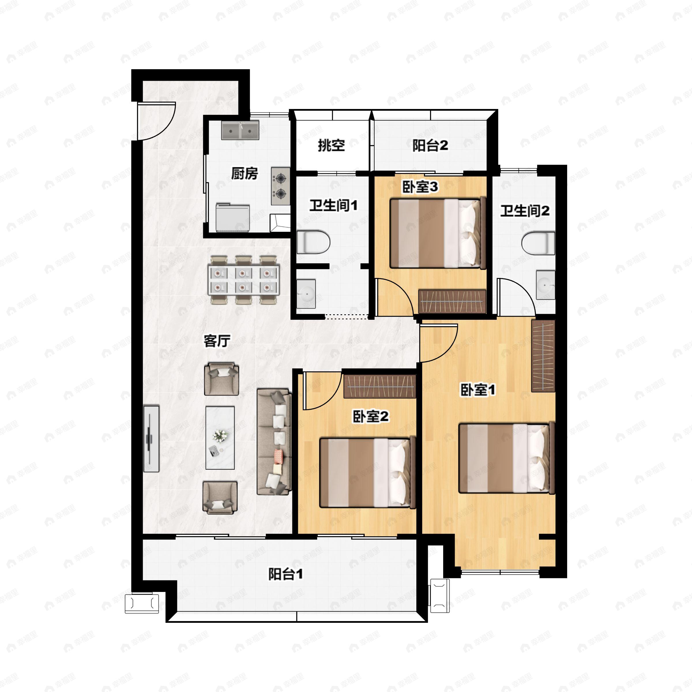 3室2厅2卫建面119平户型图