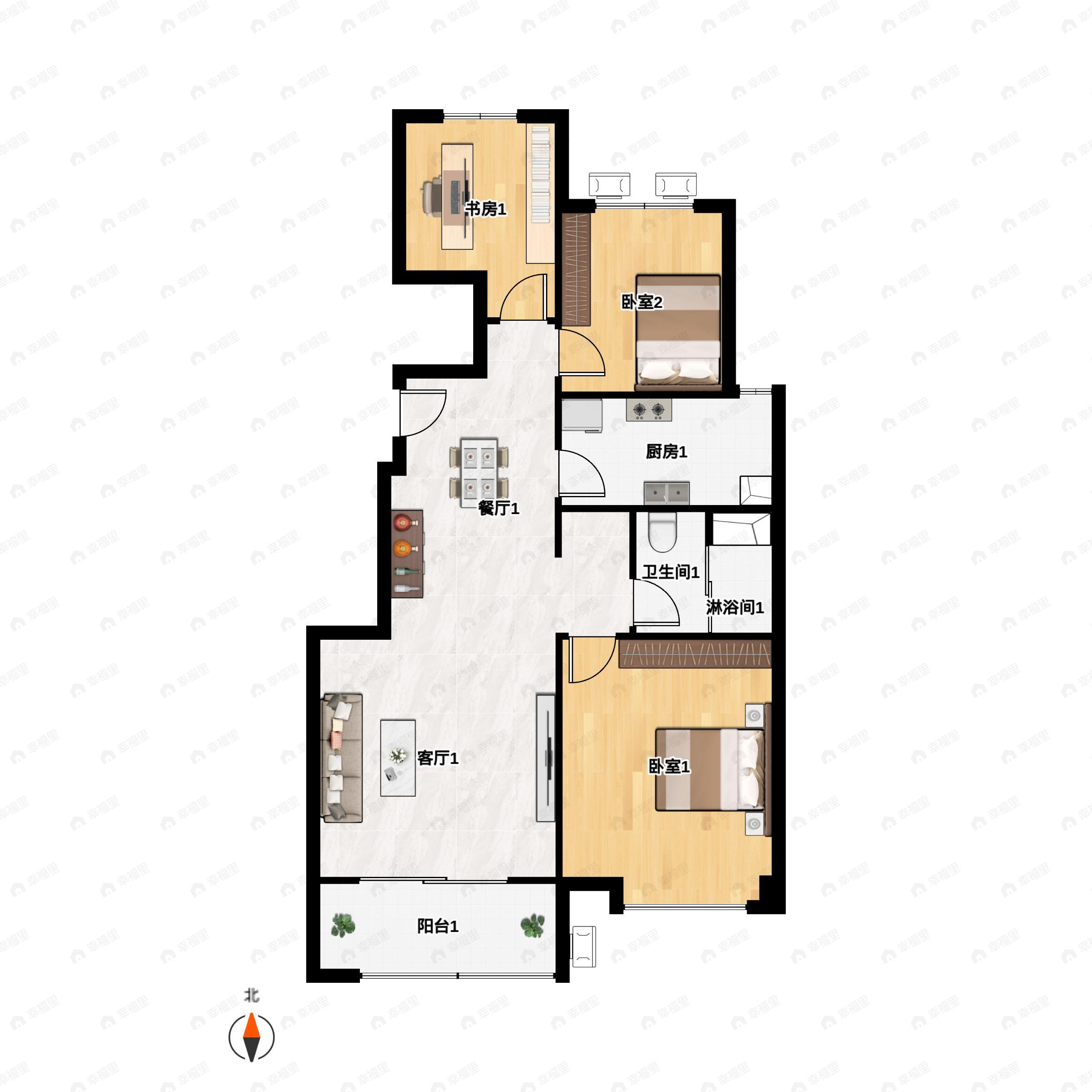 3室2厅1卫建面101m²南|北户型图
