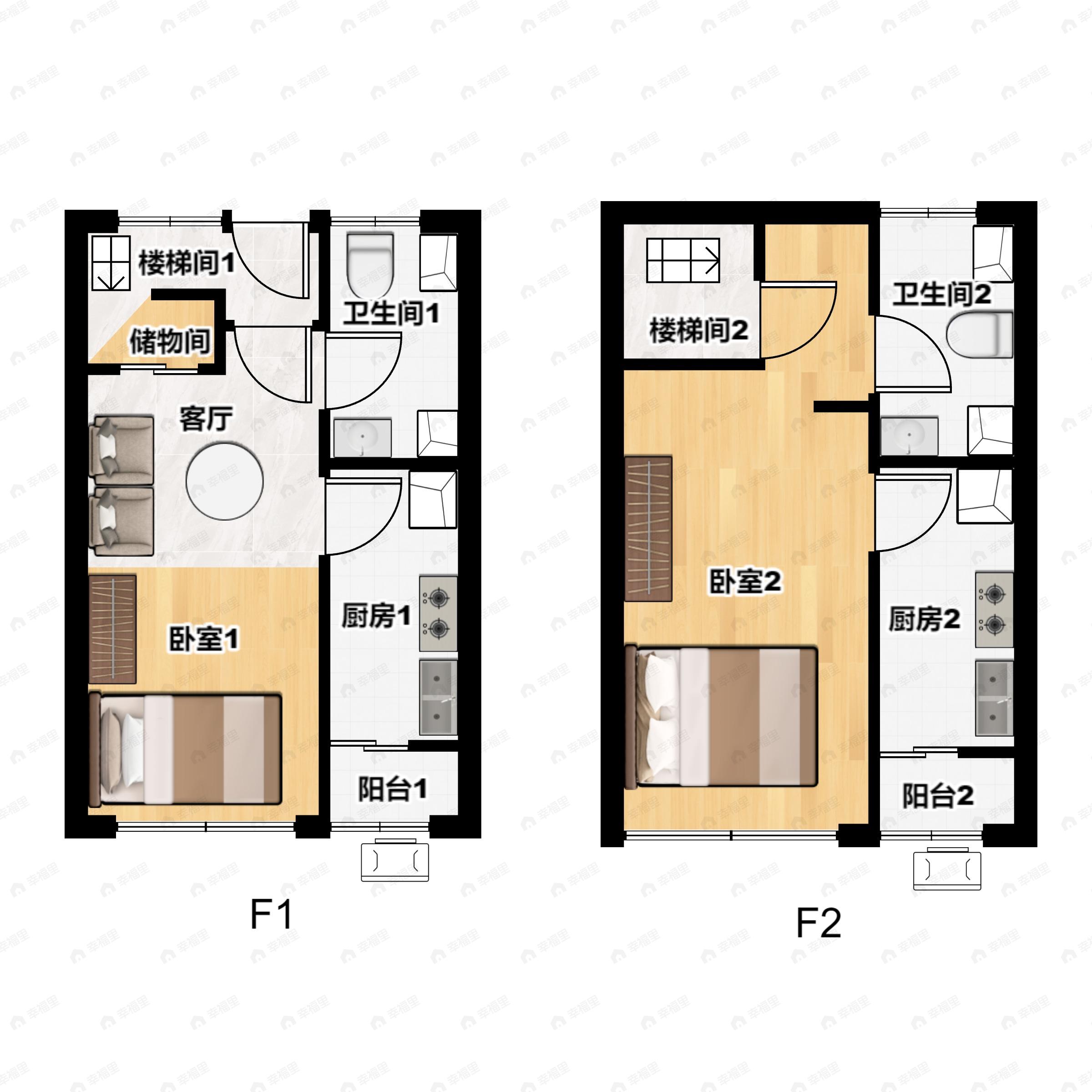 2室2厅2卫建面54平户型图