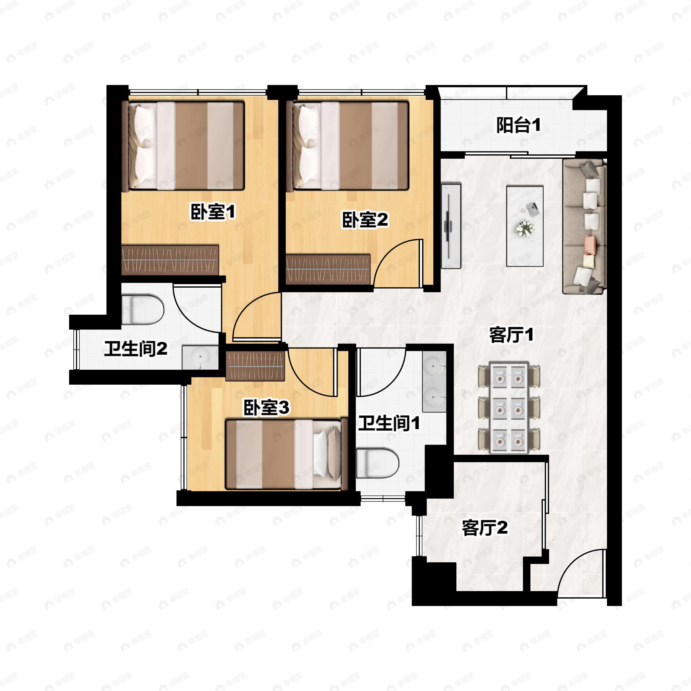 3室2厅2卫建面78平西北户型图