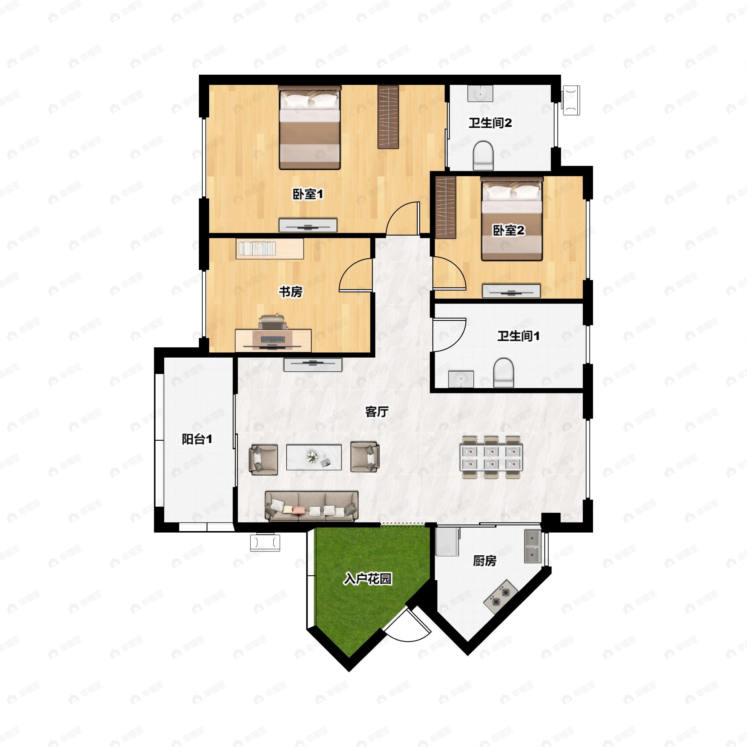 3室2厅2卫建面89平南户型图