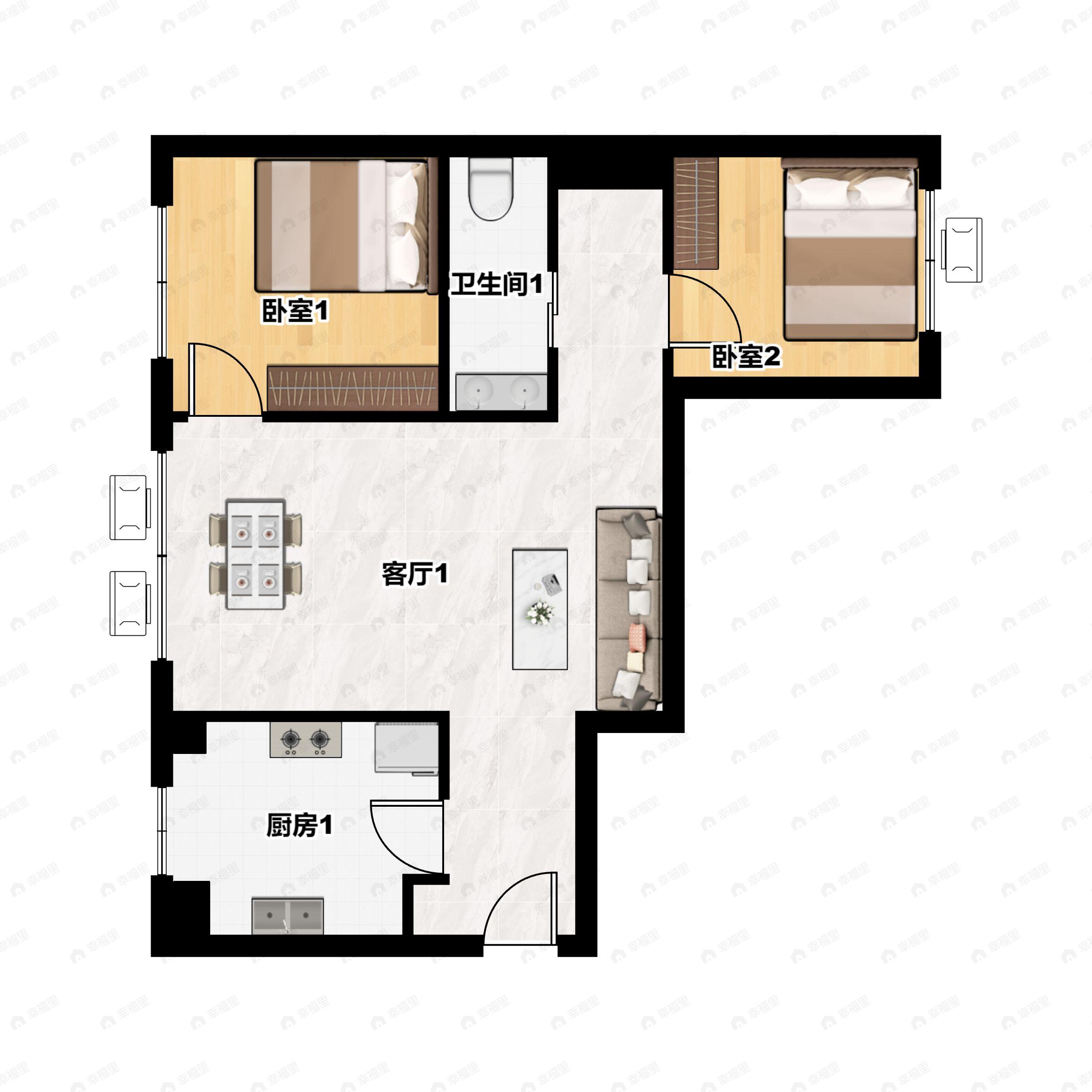 2室2厅1卫建面74m²东户型图