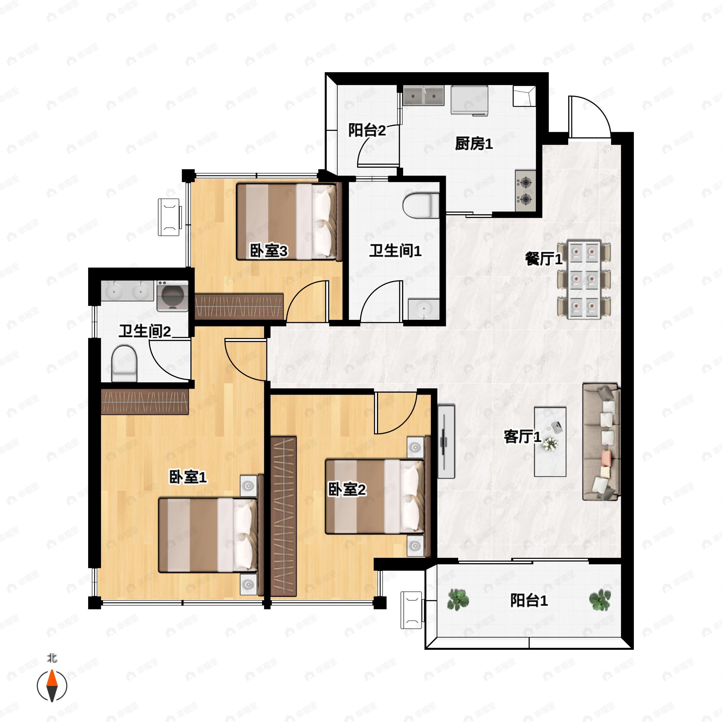 3室2厅2卫建面94平户型图
