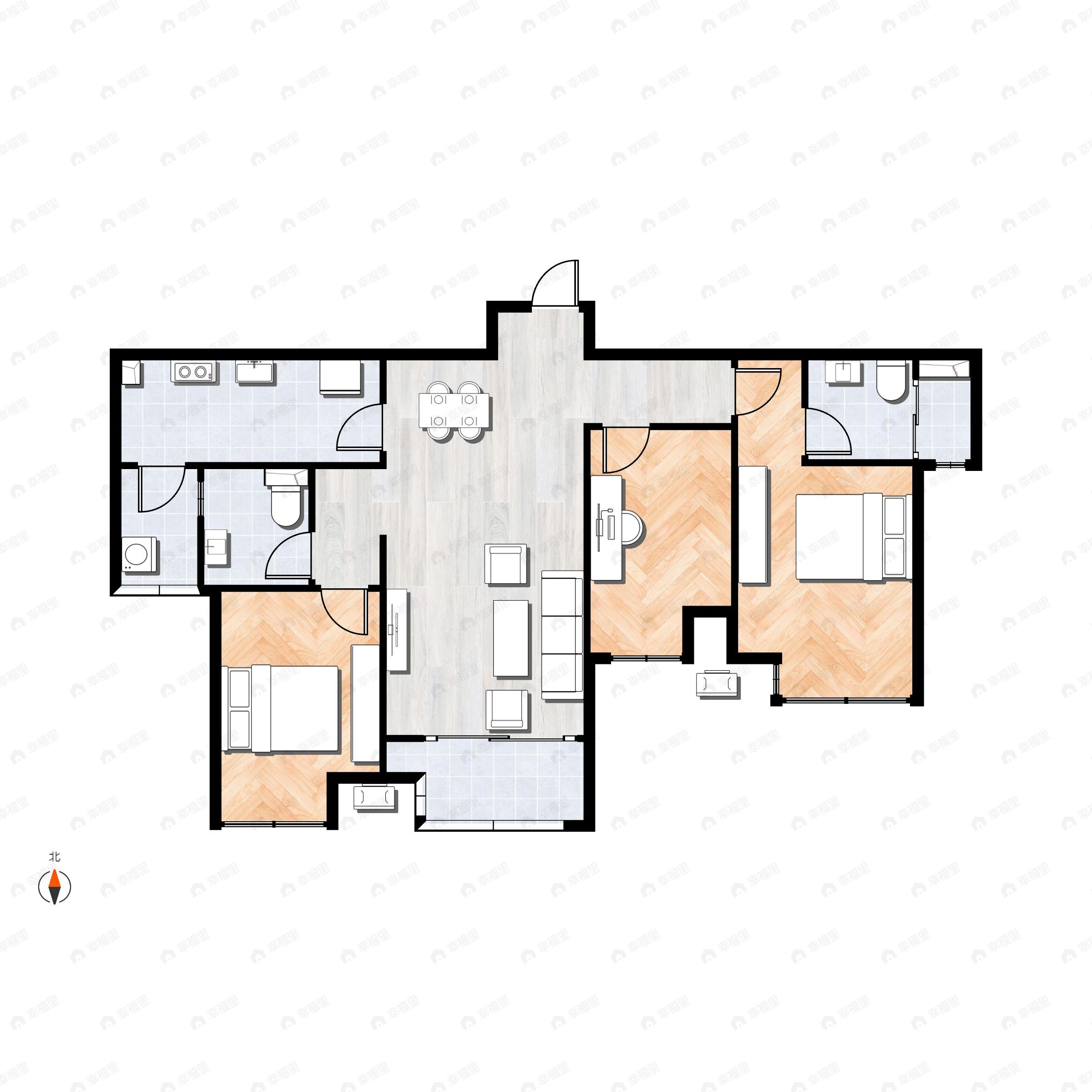 3室2厅2卫建面98m²北|南户型图