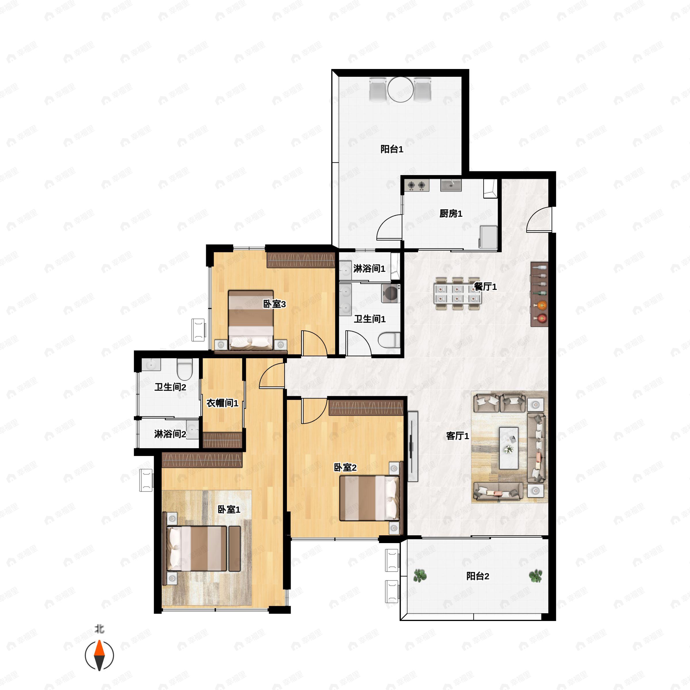 3室2厅2卫建面118m²南户型图