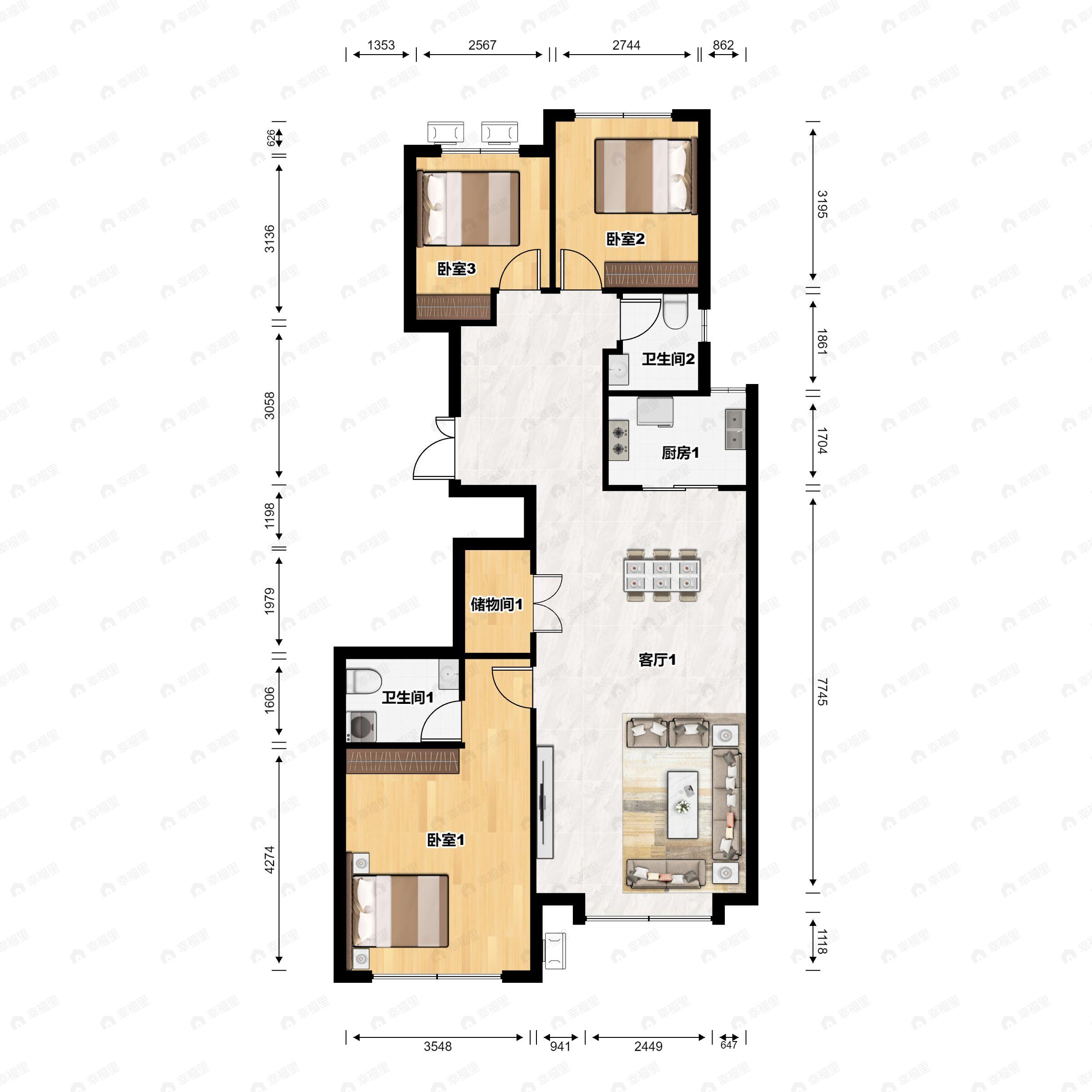 3室2厅2卫建面125m²南|北户型图