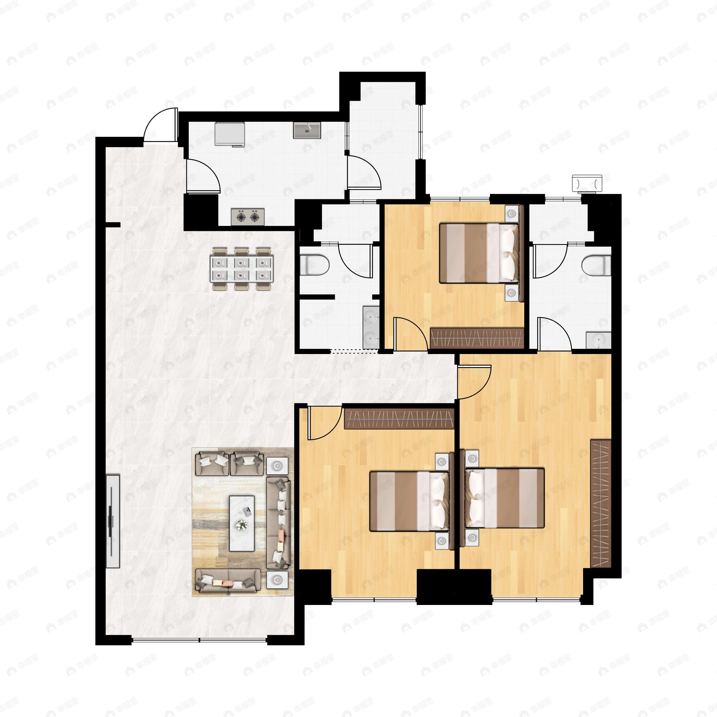 3室2厅2卫建面121m²户型图