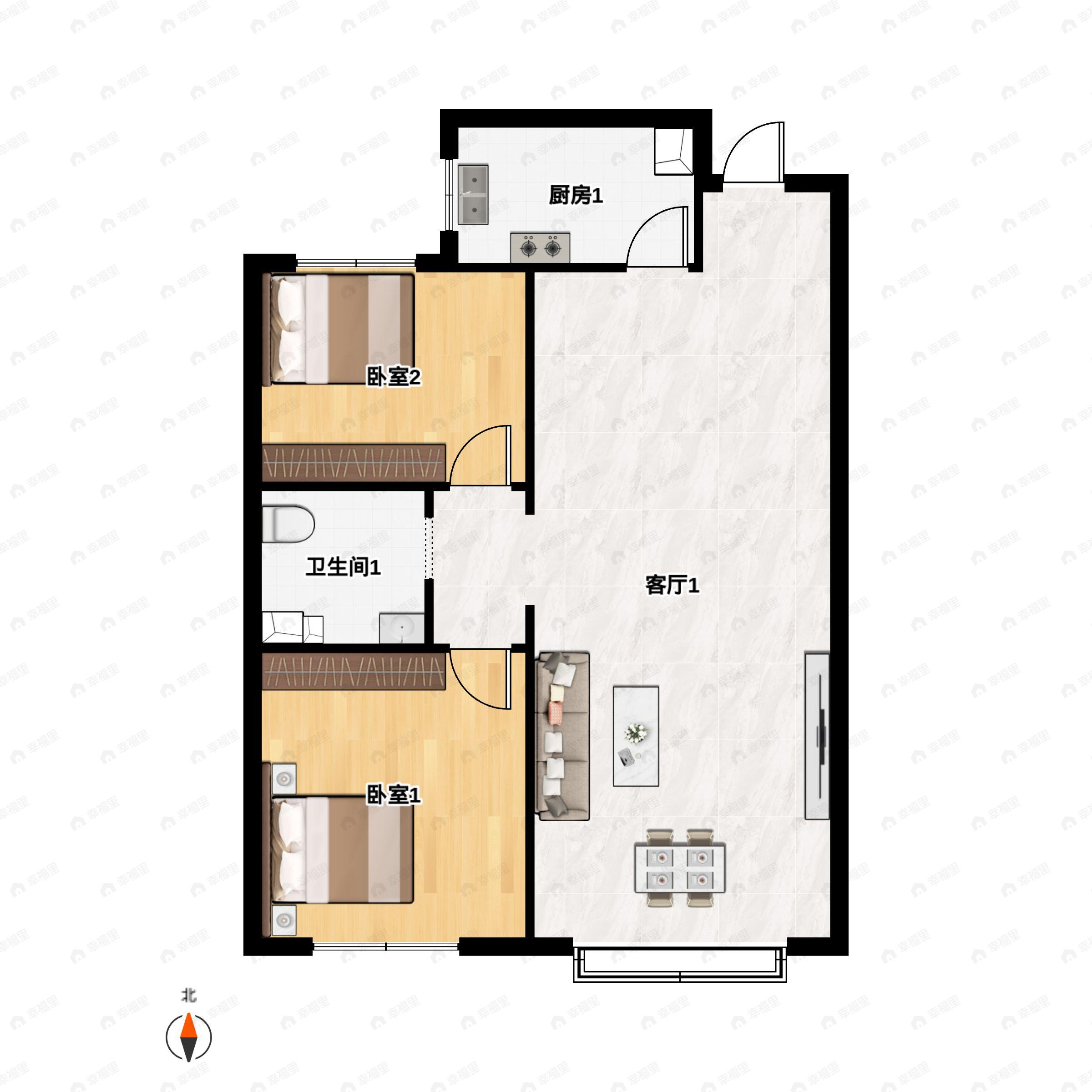 2室2厅1卫建面87m²南户型图