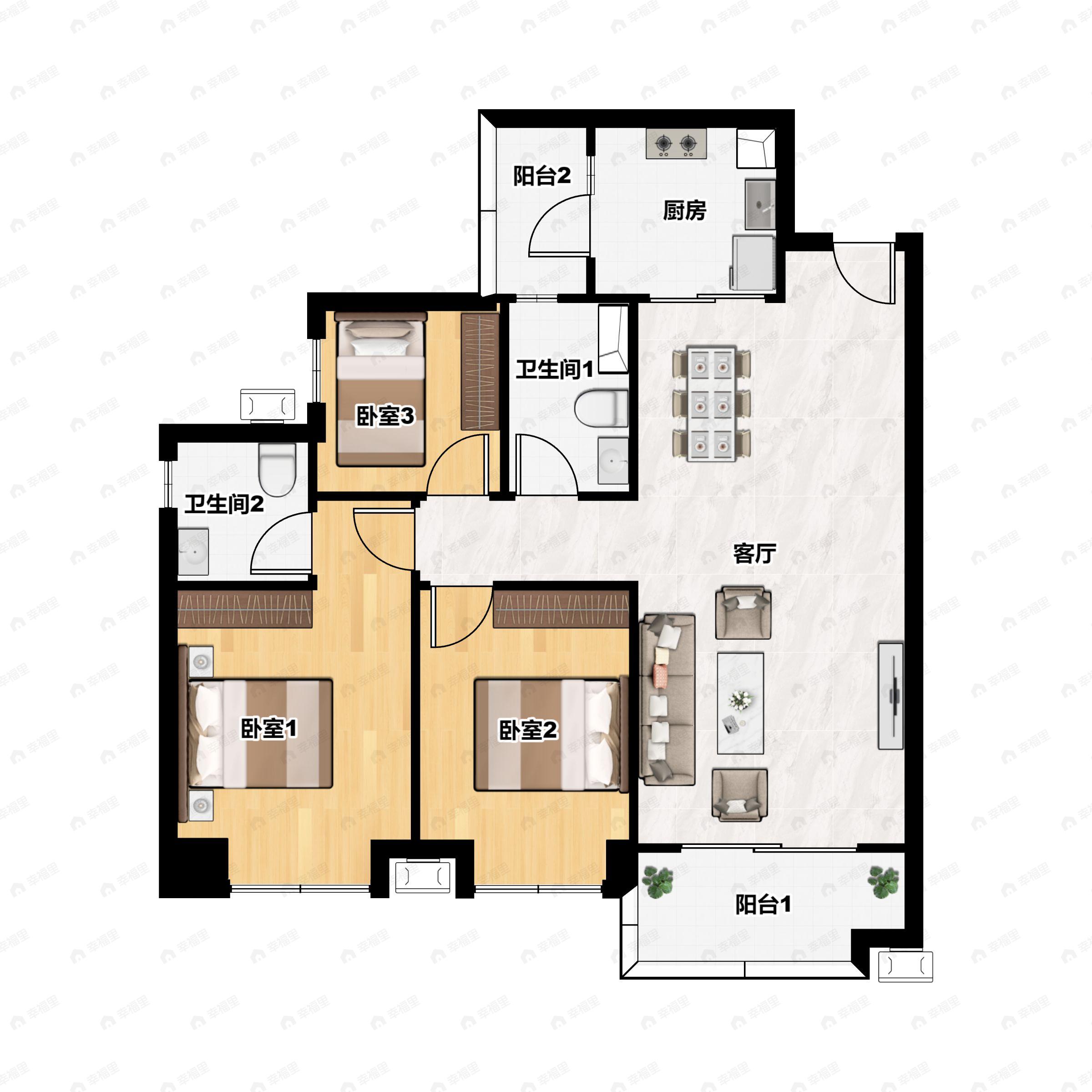 3室2厅2卫建面102m²南户型图