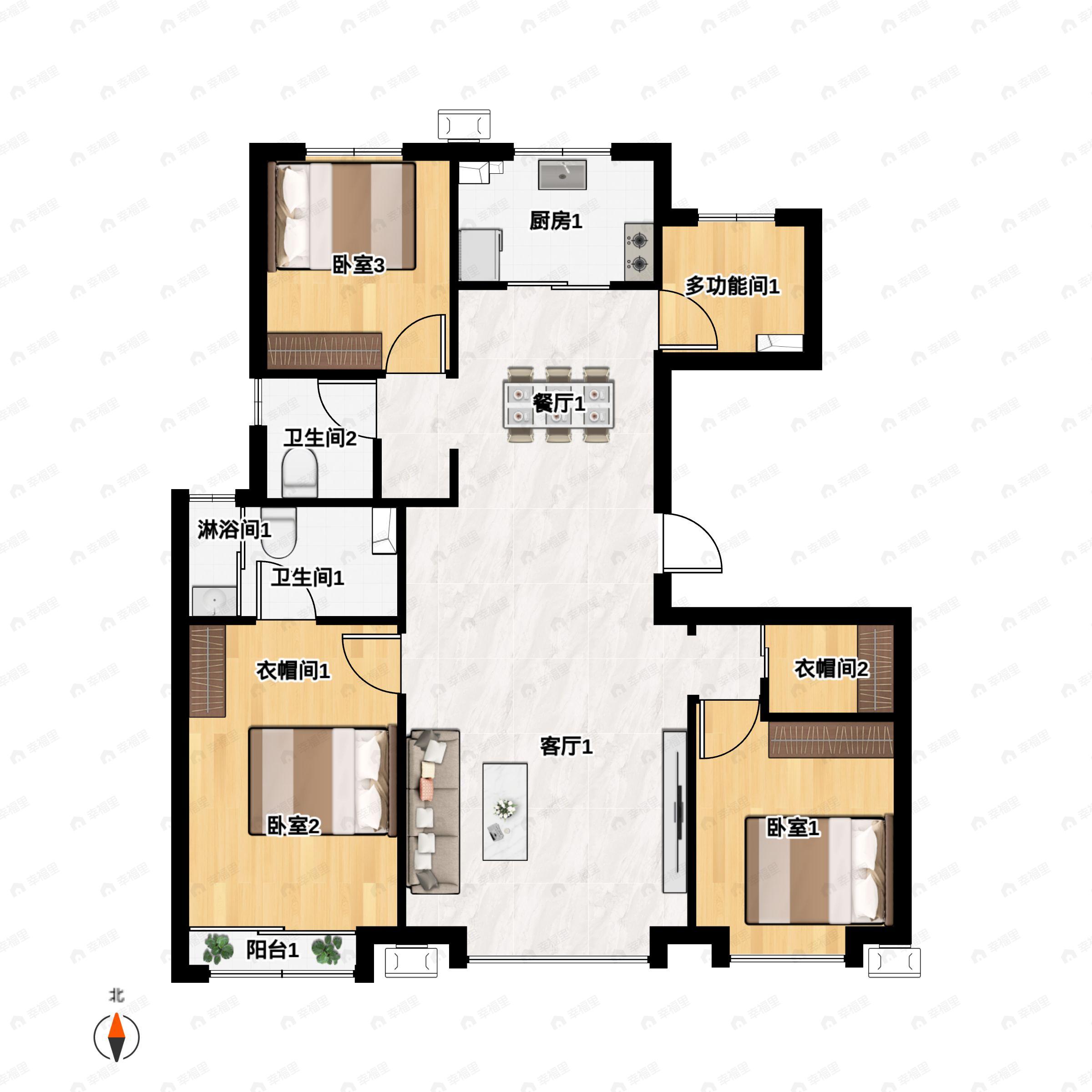 3室2厅2卫建面131m²南|北户型图