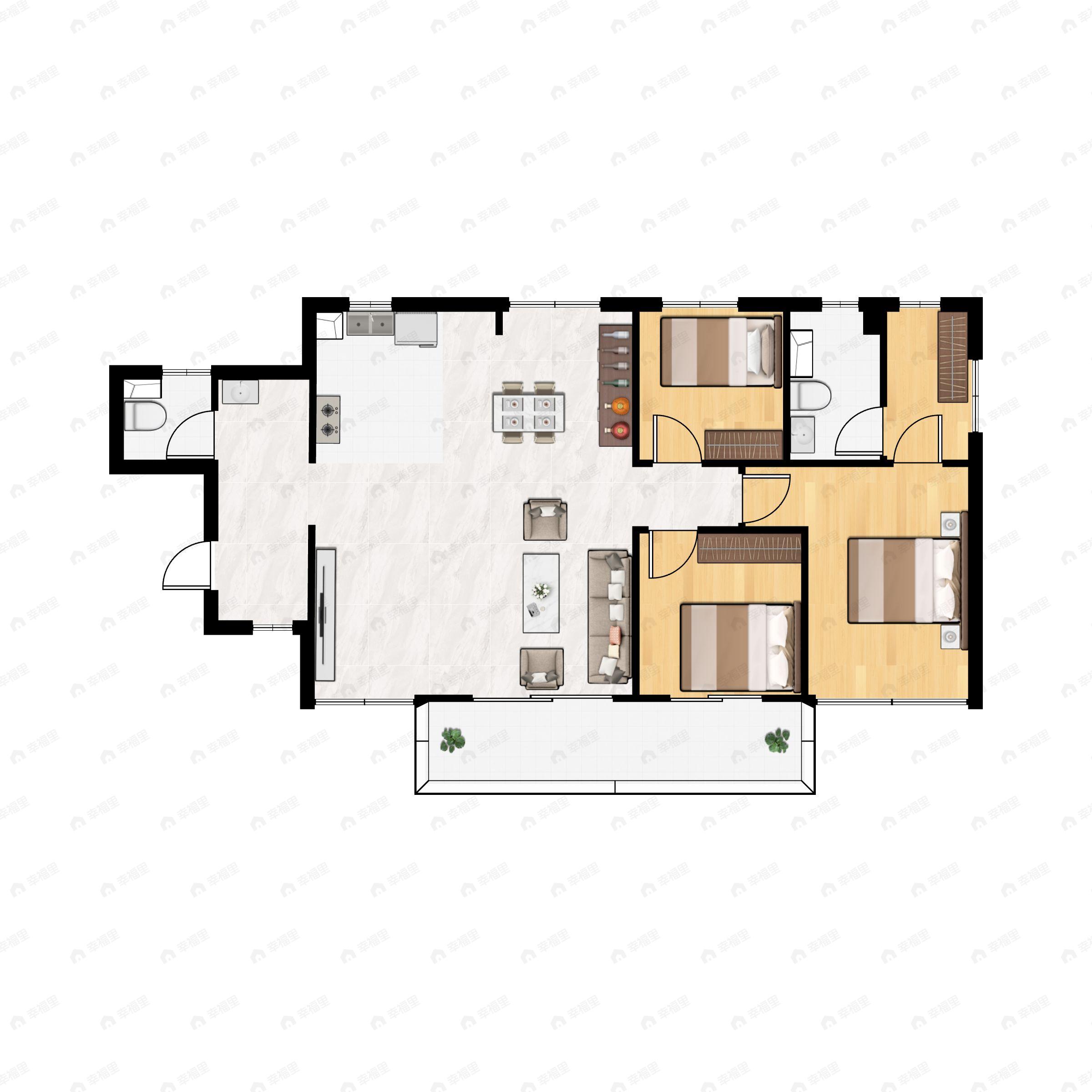 3室2厅2卫建面126m²东|南户型图