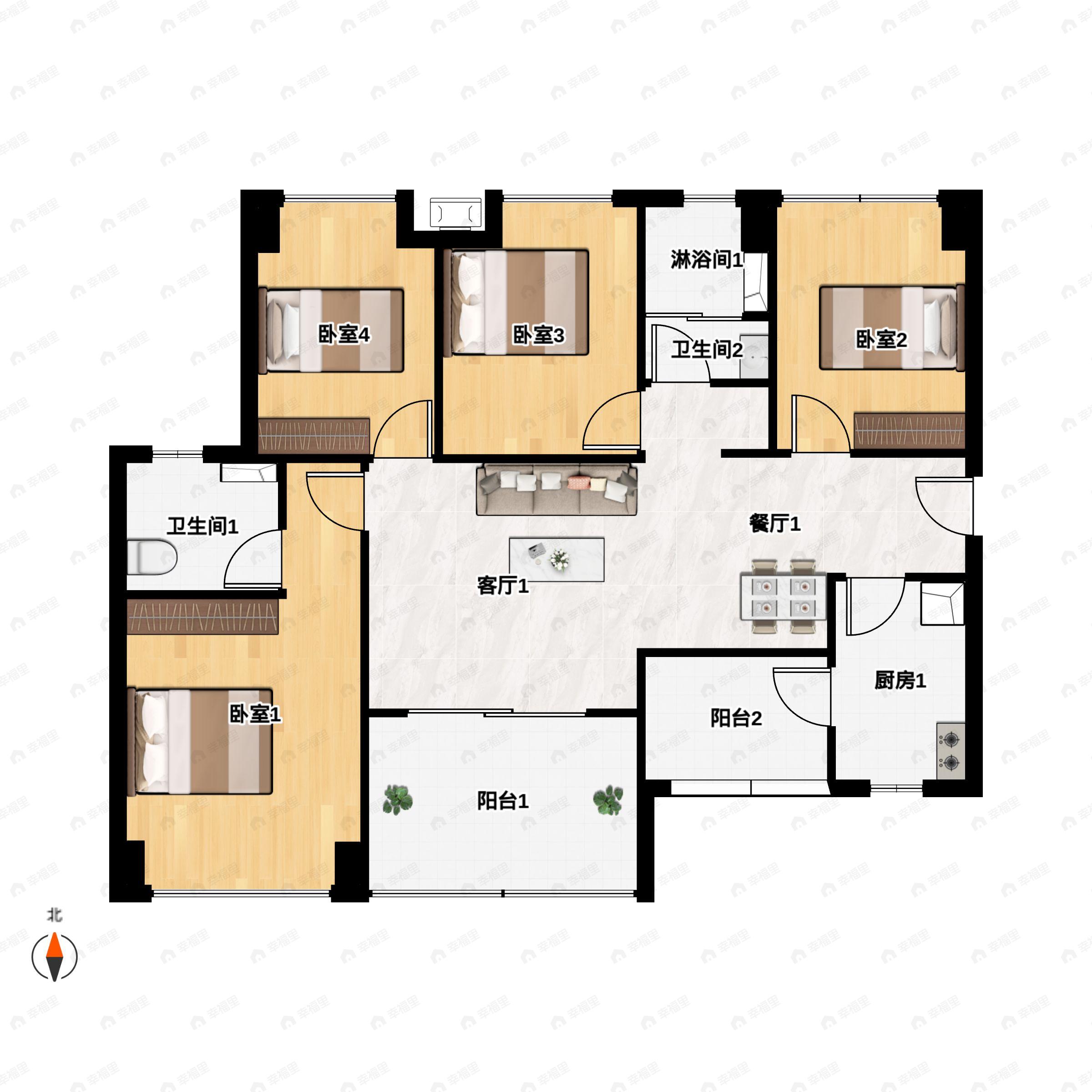 4室2厅2卫建面110平西南户型图