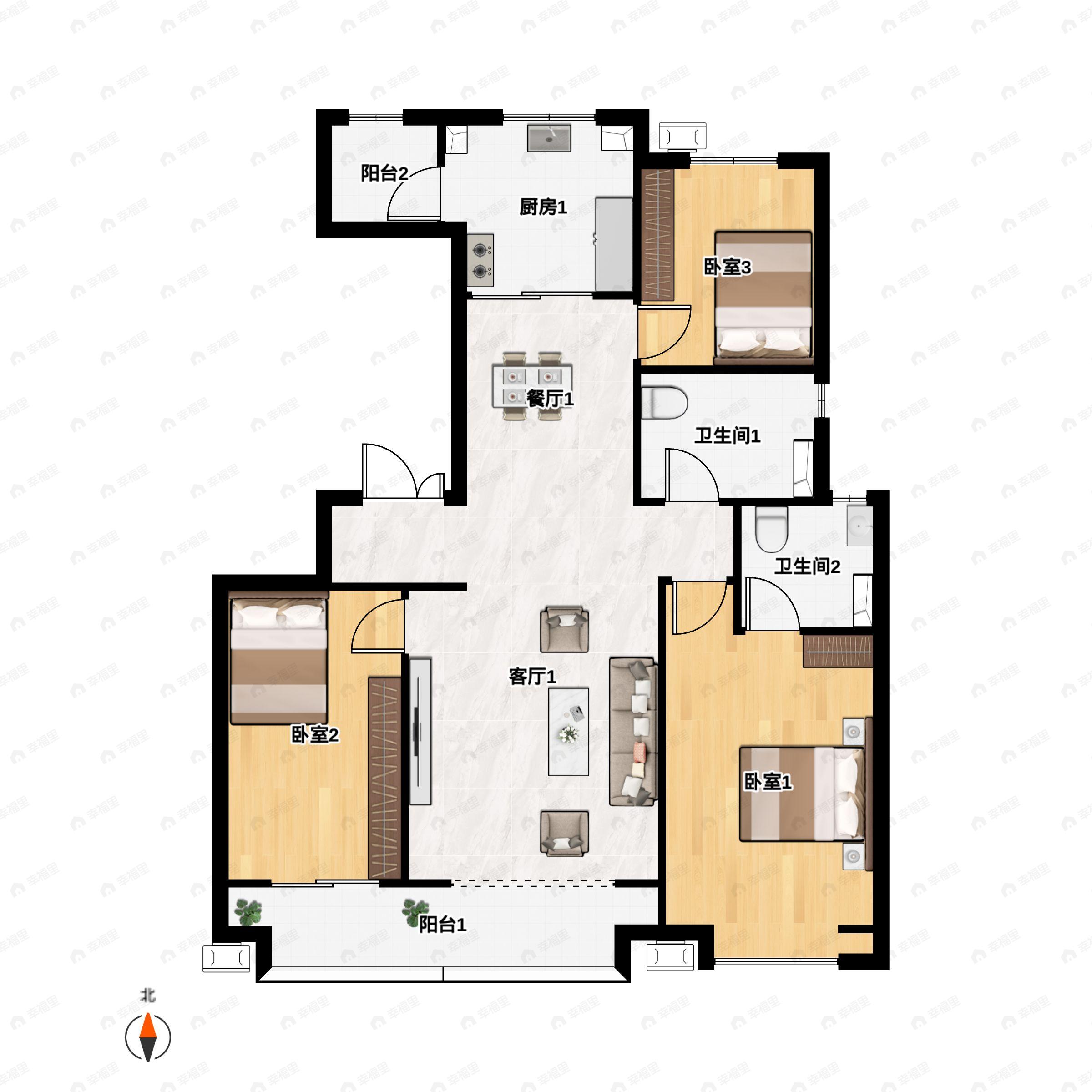 3室2厅2卫建面148平南|北户型图