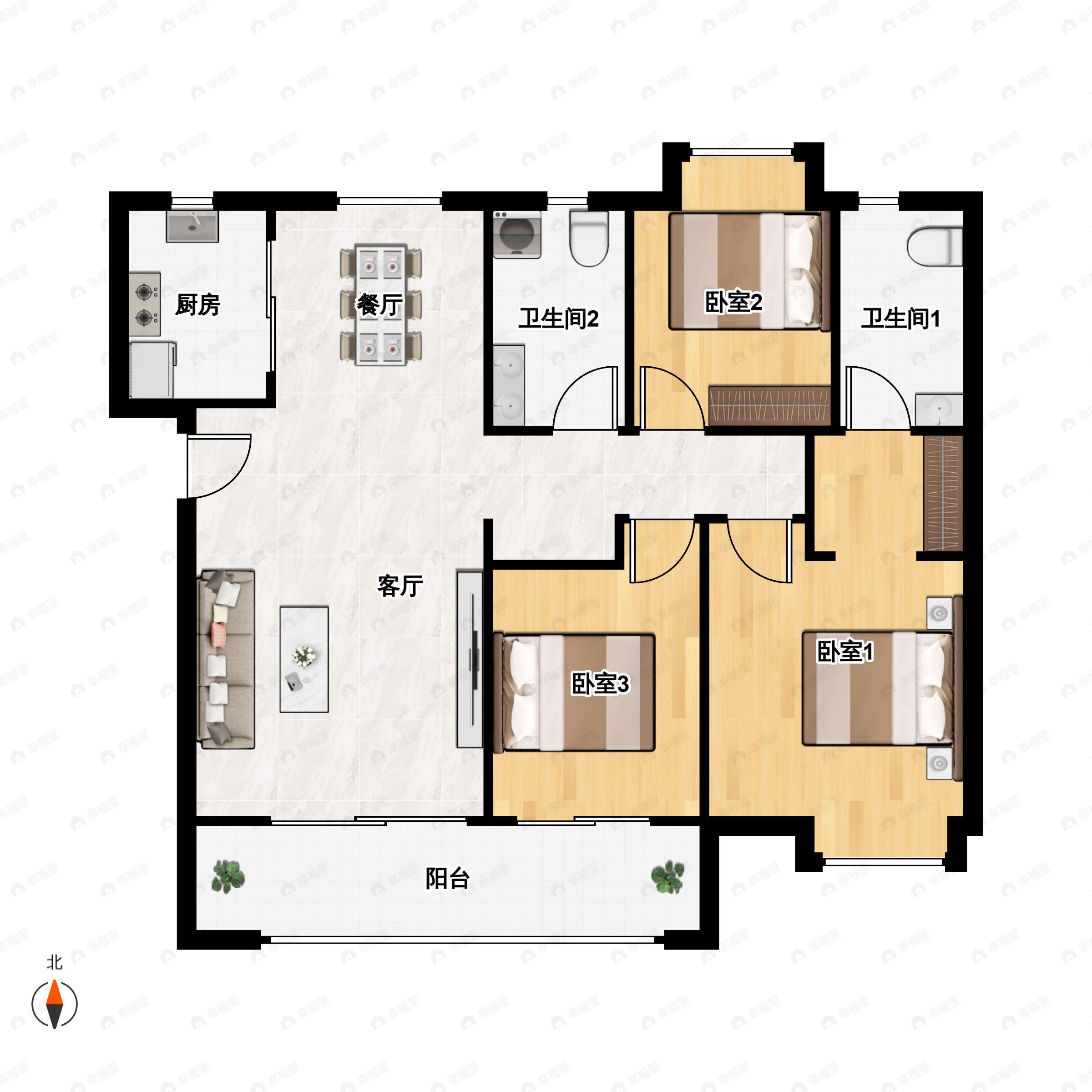 3室2厅2卫建面127m²南户型图
