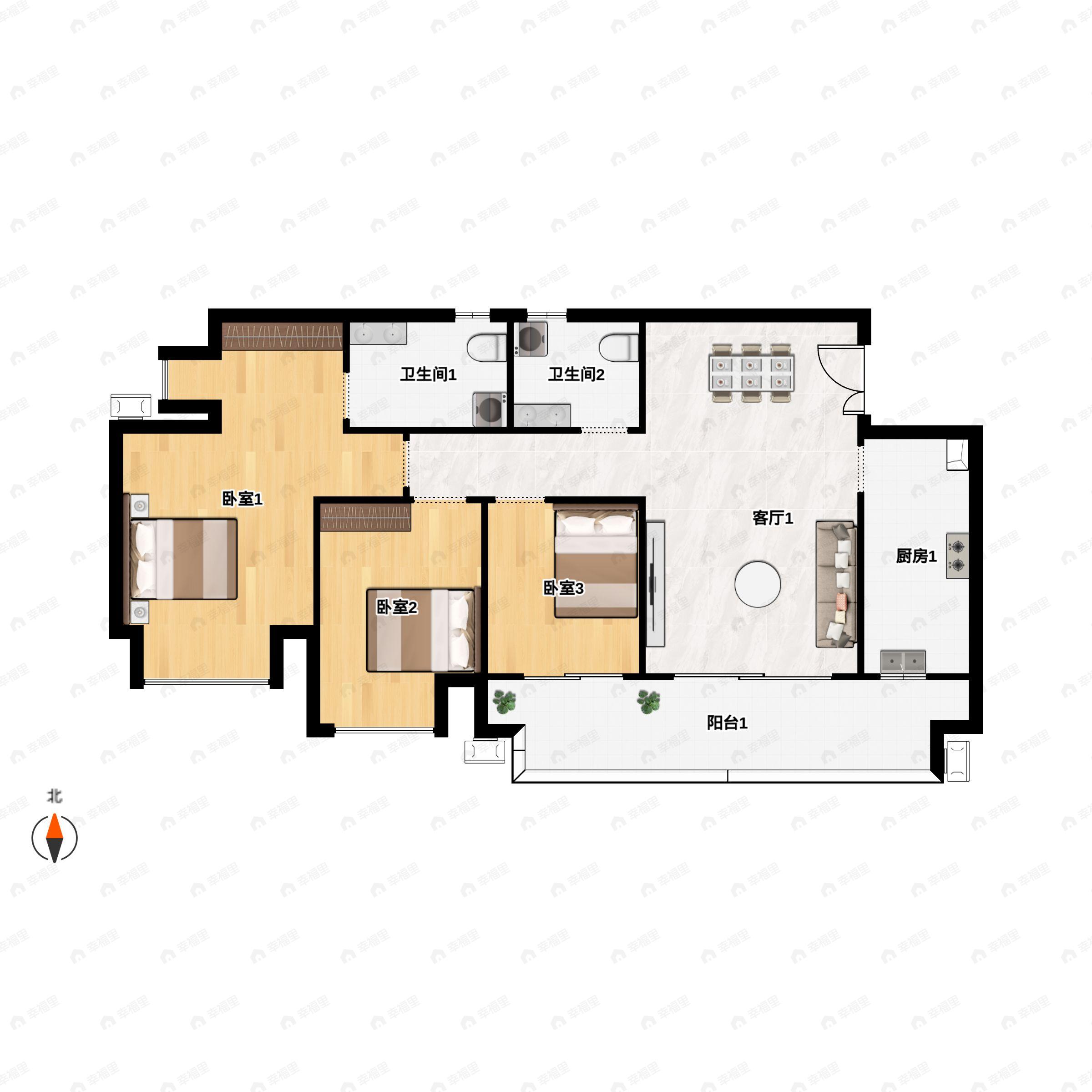 3室2厅2卫建面90m²南户型图