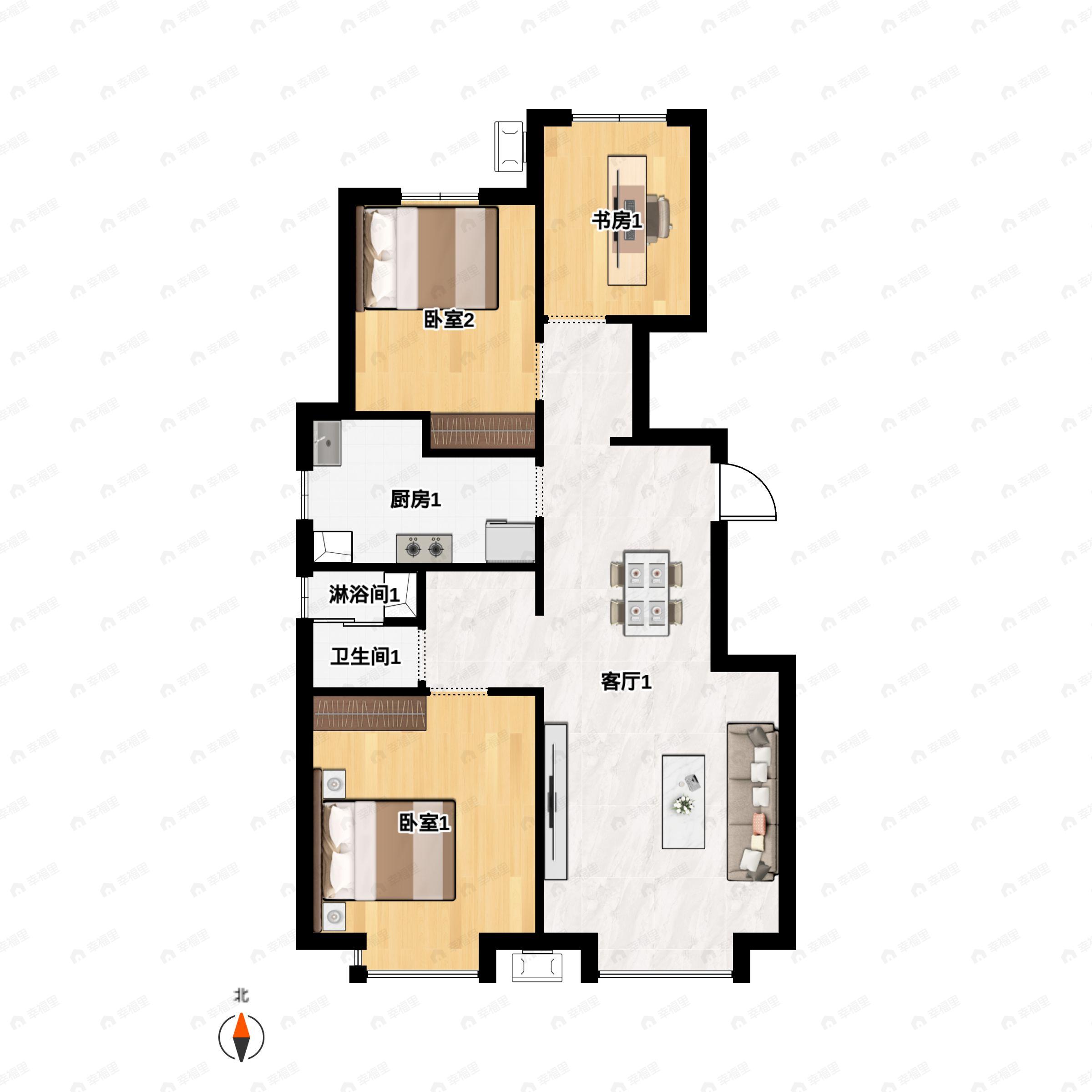 3室2厅1卫建面90平北|南户型图