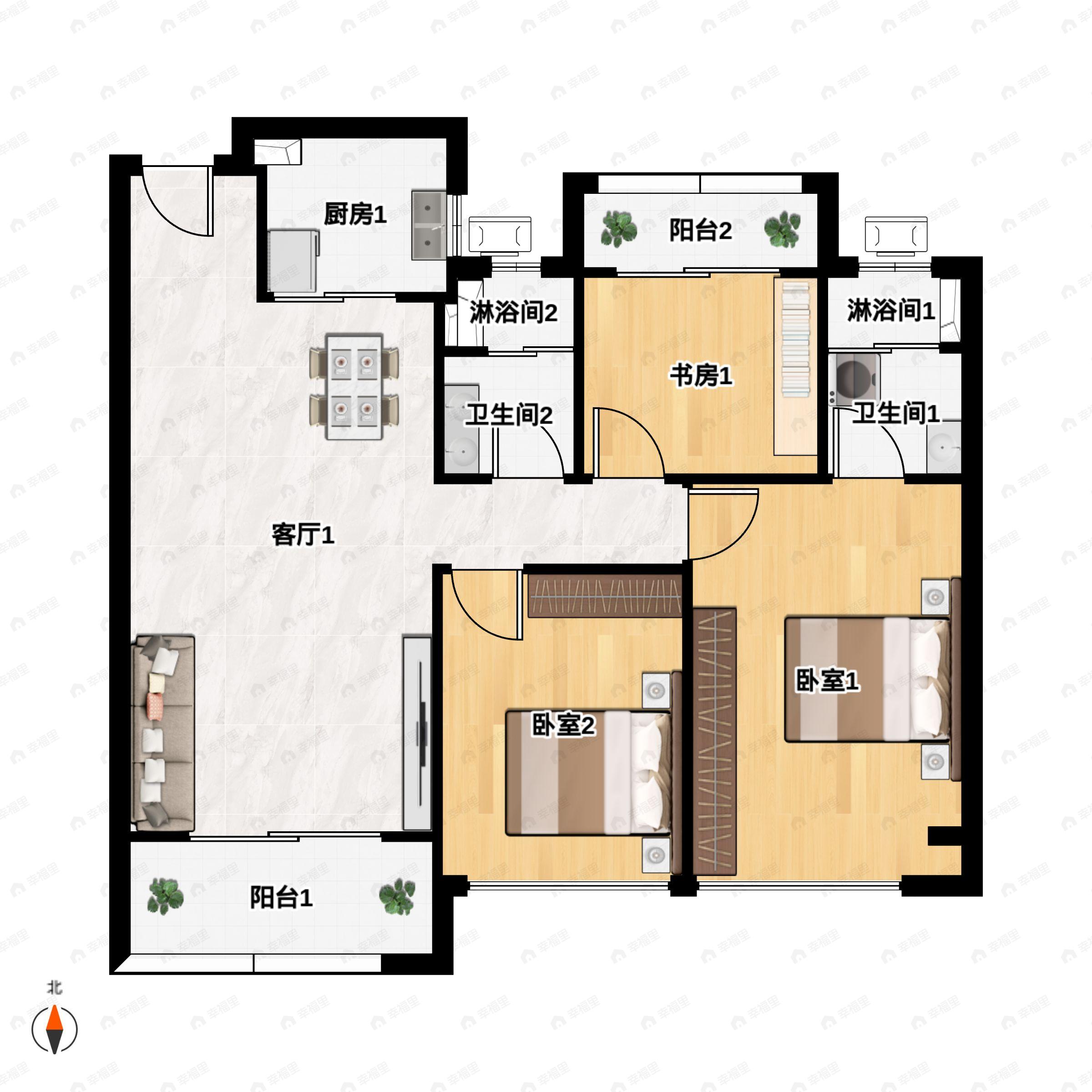 4室2厅2卫建面108平户型图