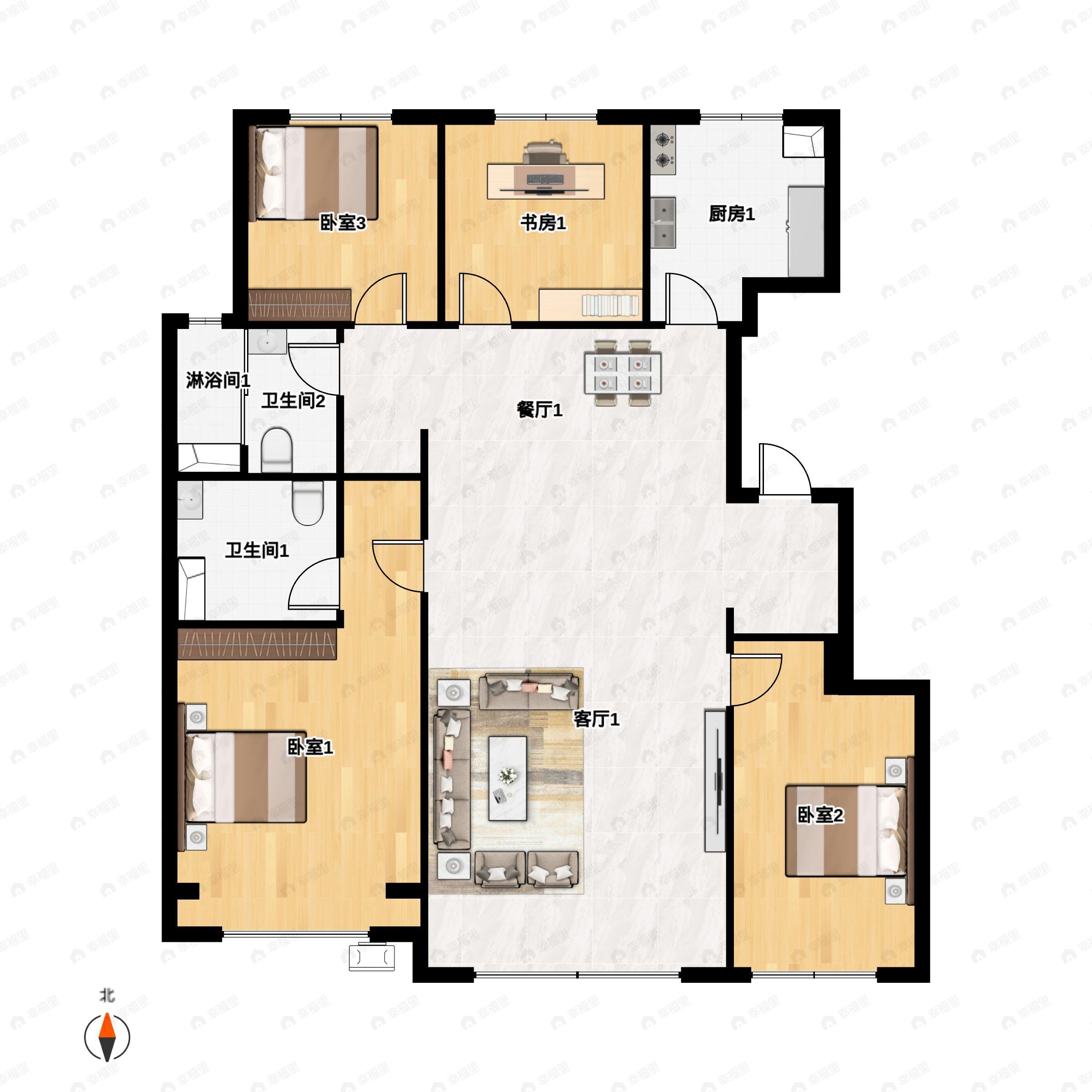 4室2厅2卫建面135平北|南户型图