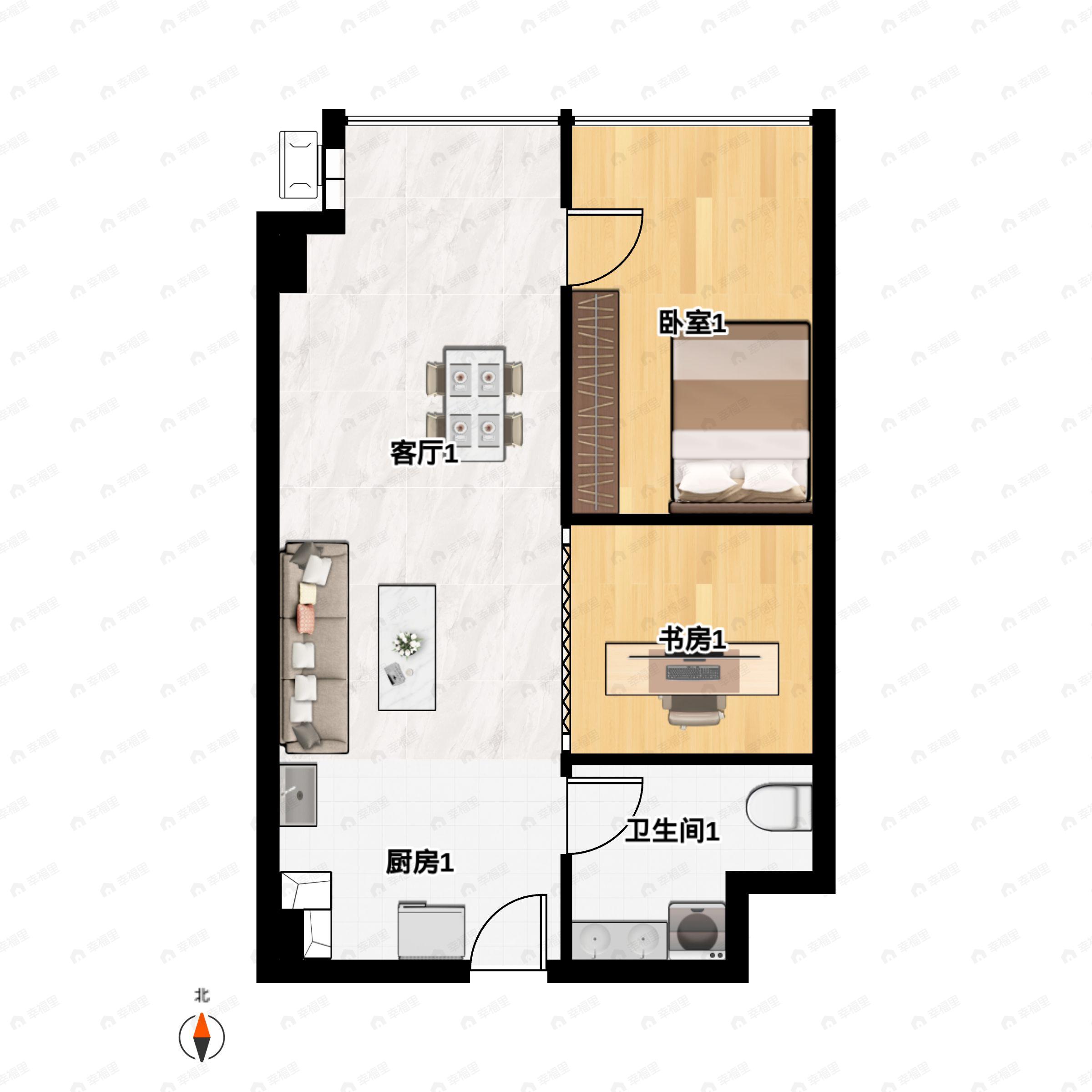 1室1厅1卫建面60m²东|南|西|北户型图