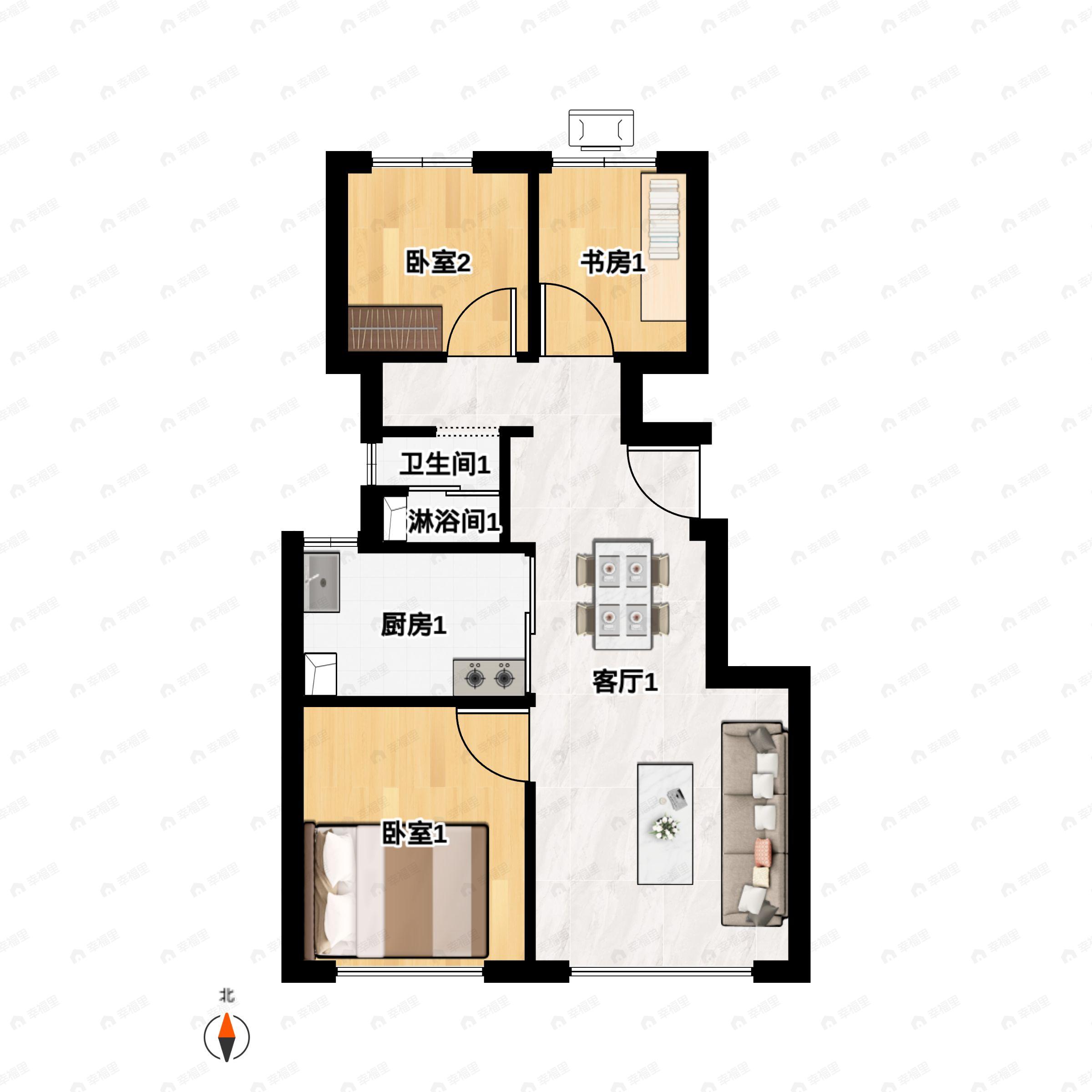 3室2厅1卫建面85平南|北户型图