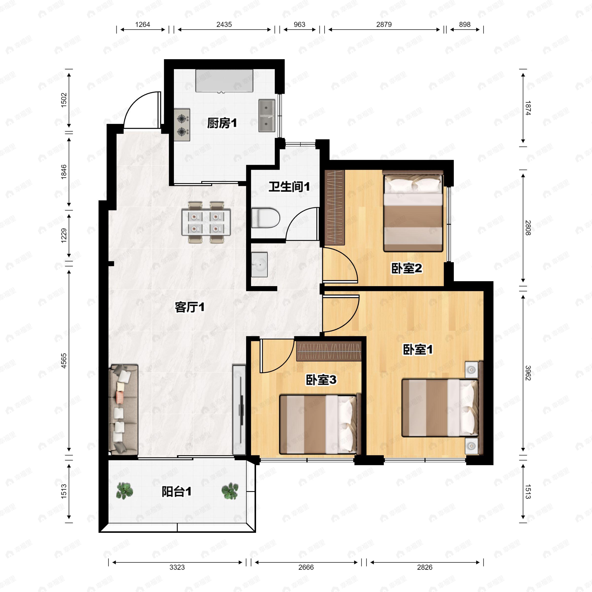 3室2厅2卫建面88平南户型图
