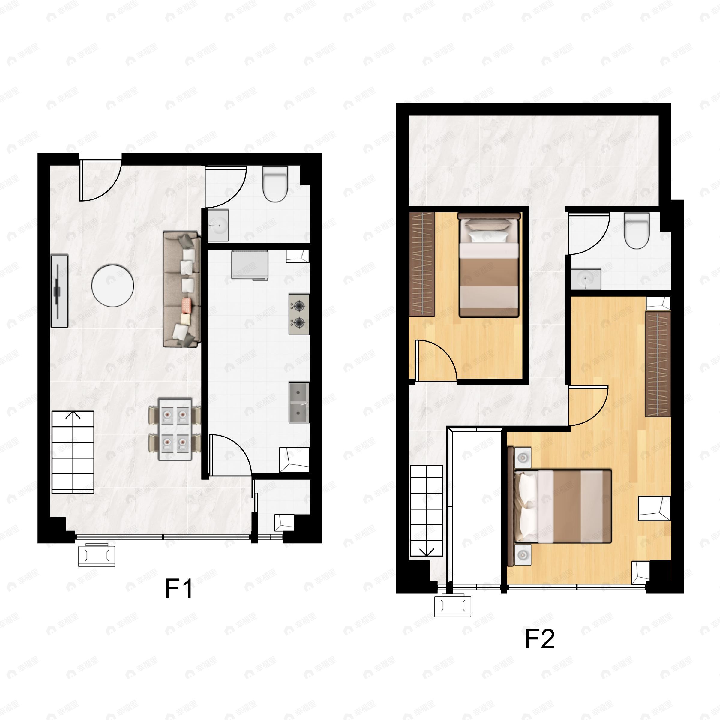 2室2厅2卫建面50平北|南户型图
