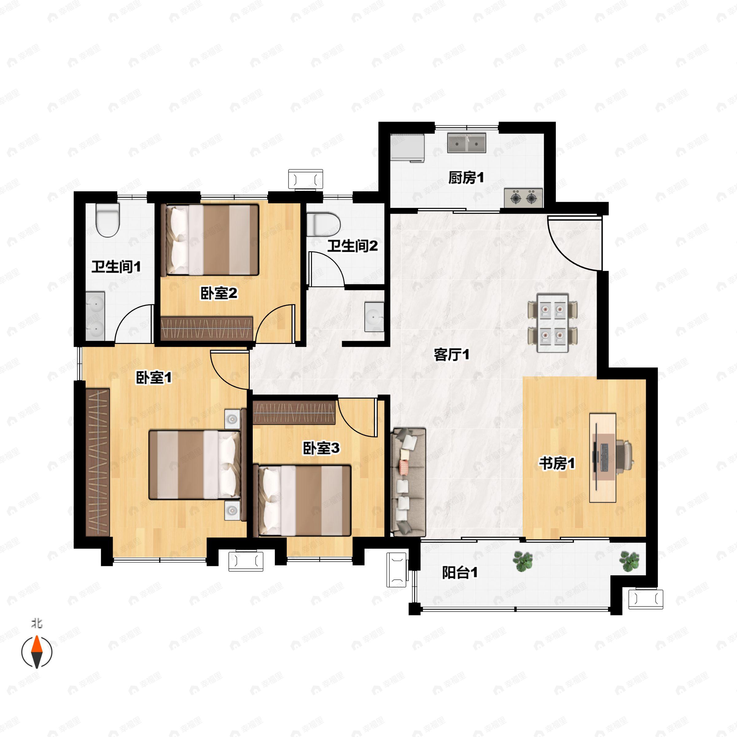 3室2厅2卫建面125平北|西|南|东户型图