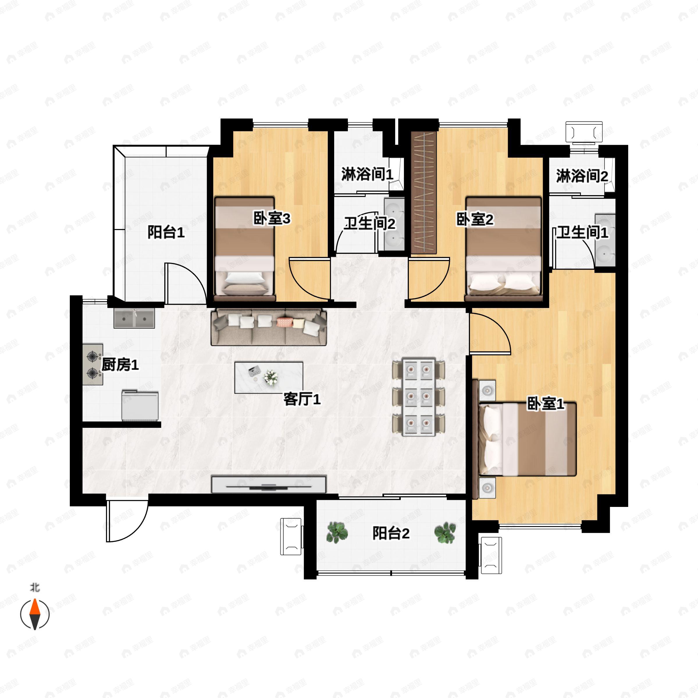 3室2厅2卫建面111平南户型图