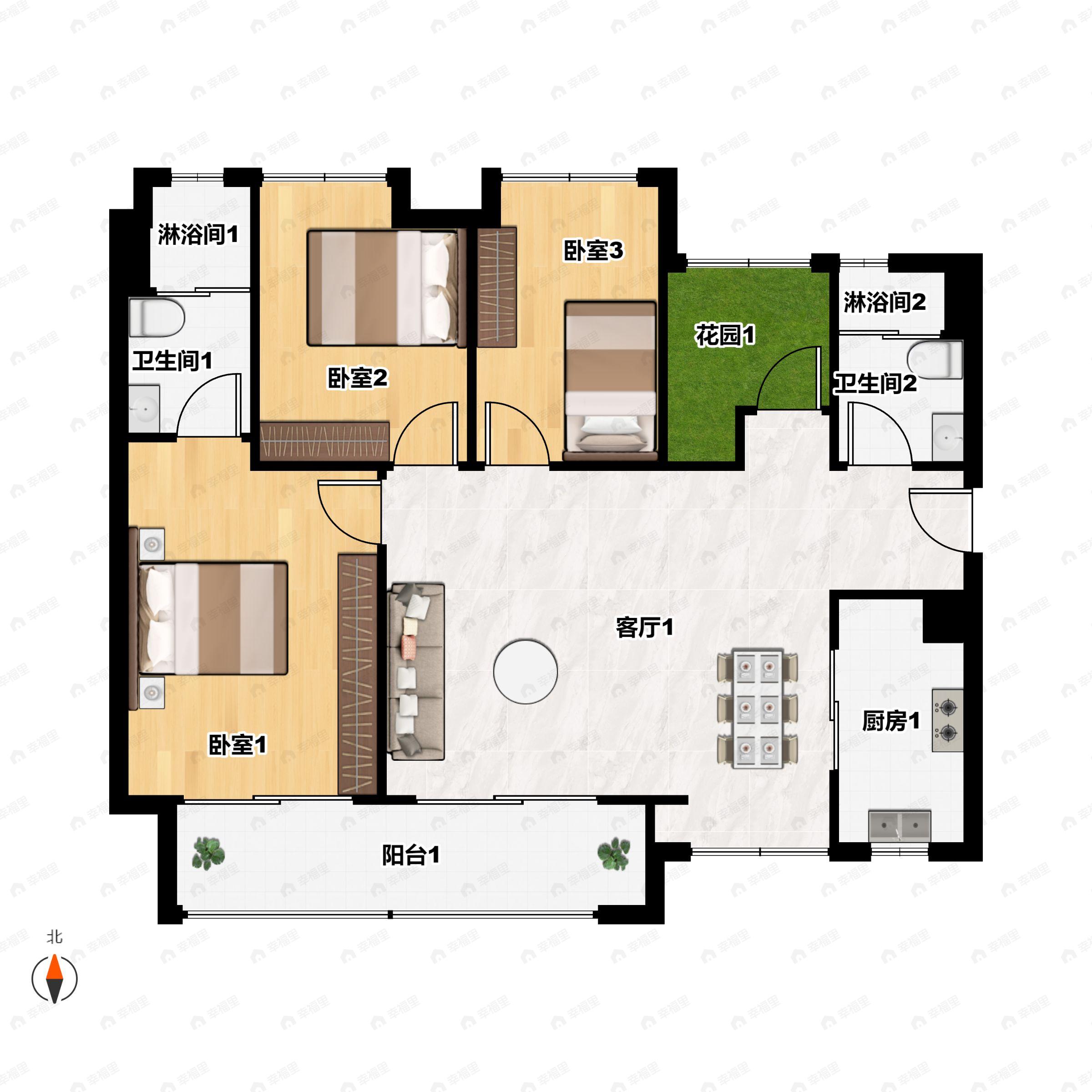 3室2厅2卫建面121m²南户型图
