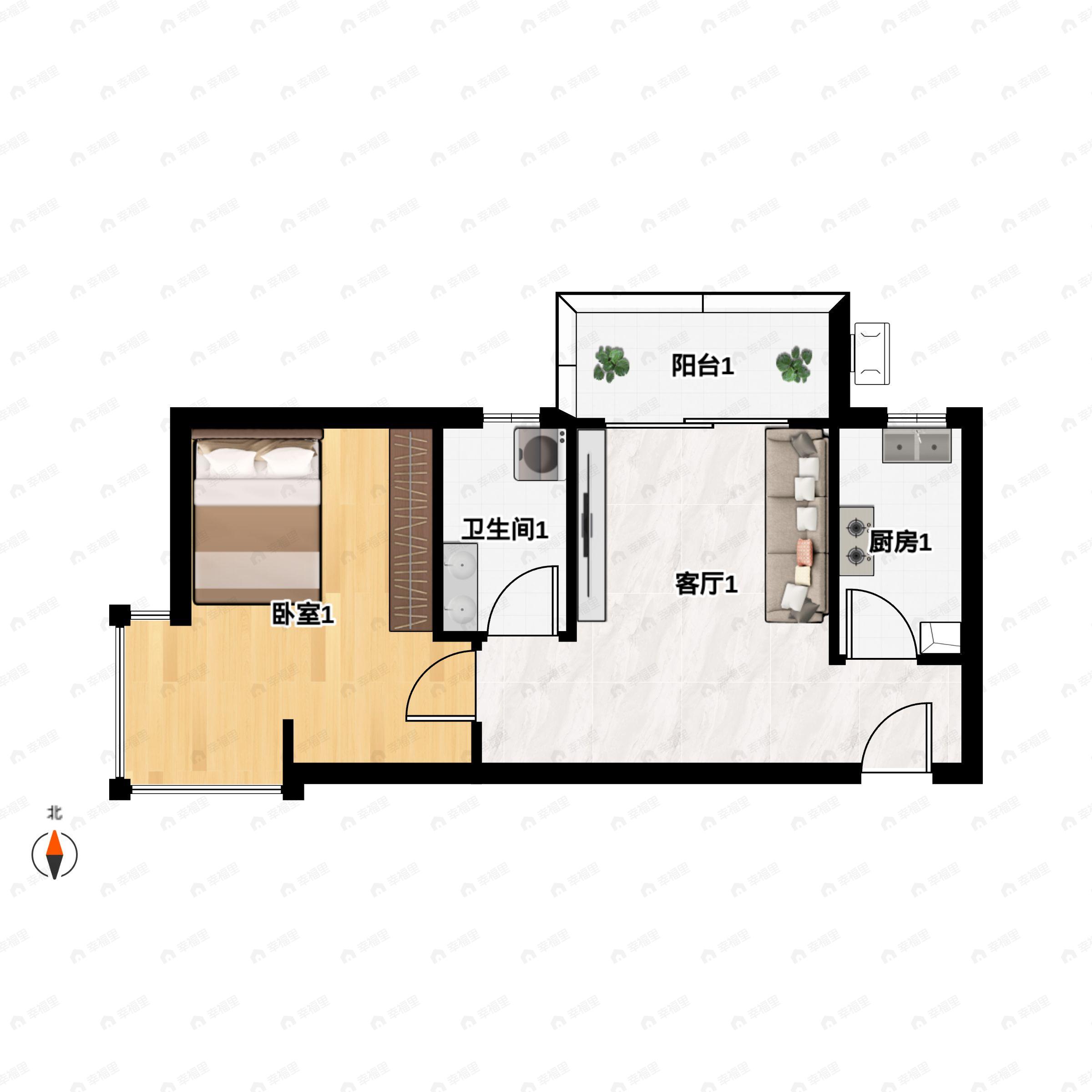 1室2厅1卫建面65m²北|南户型图