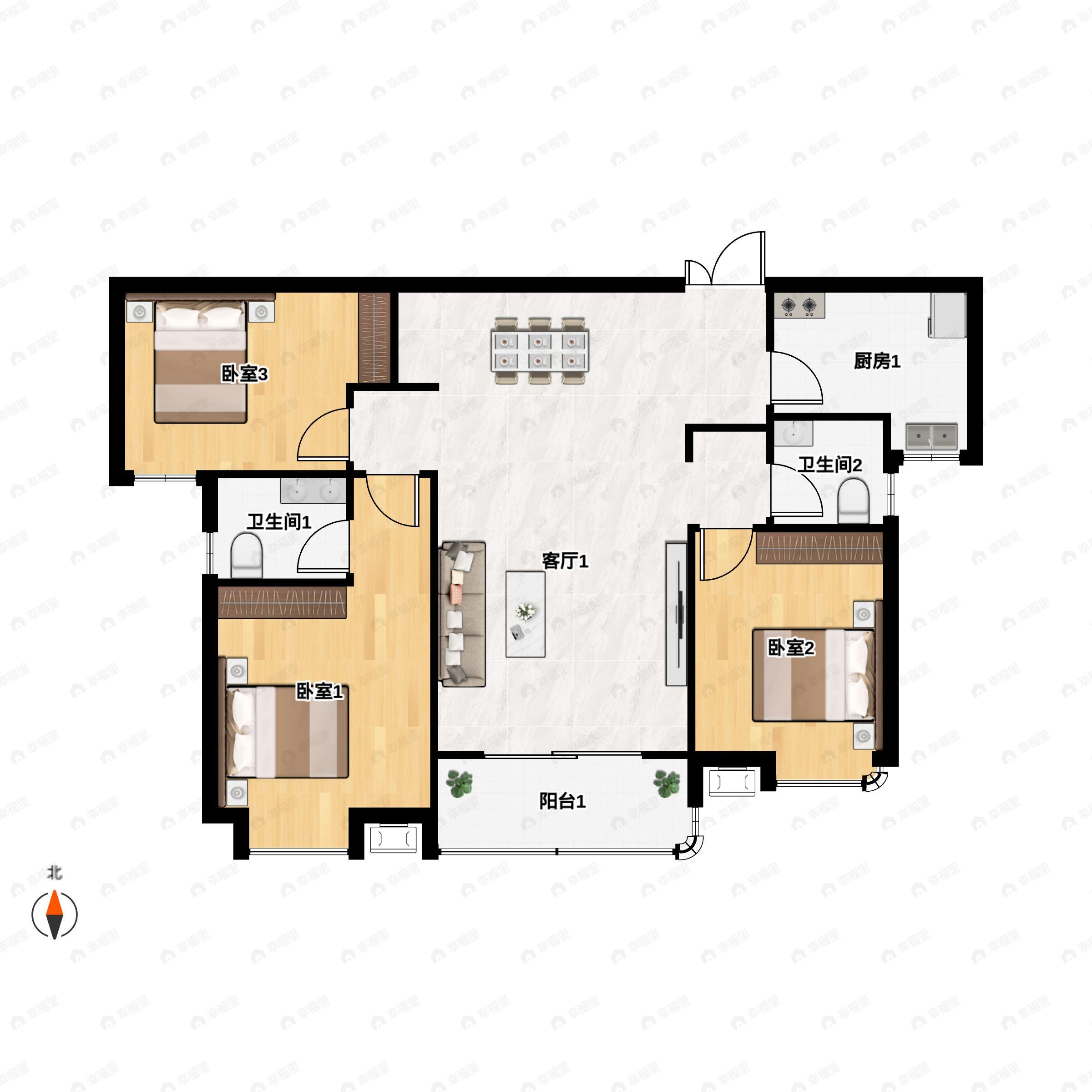 3室2厅2卫建面119平南户型图