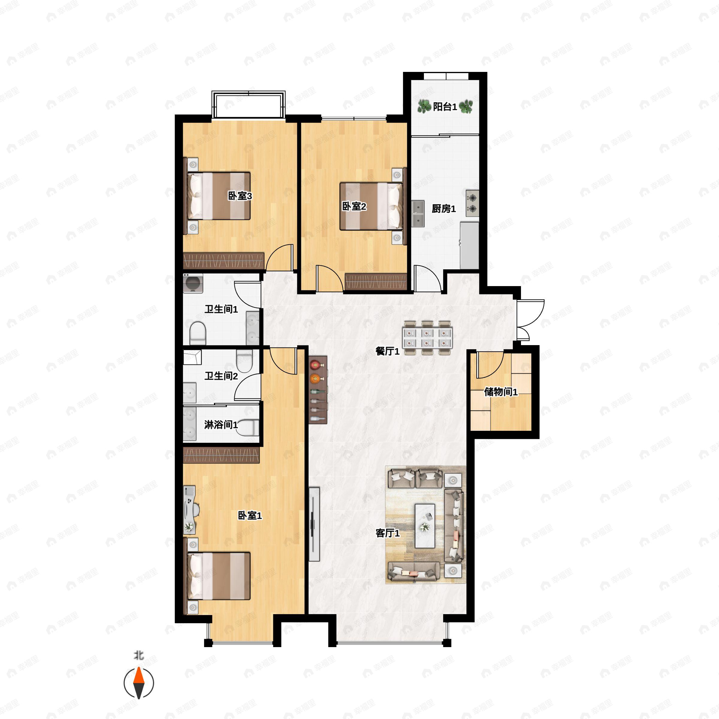 3室2厅2卫建面148平南|北户型图