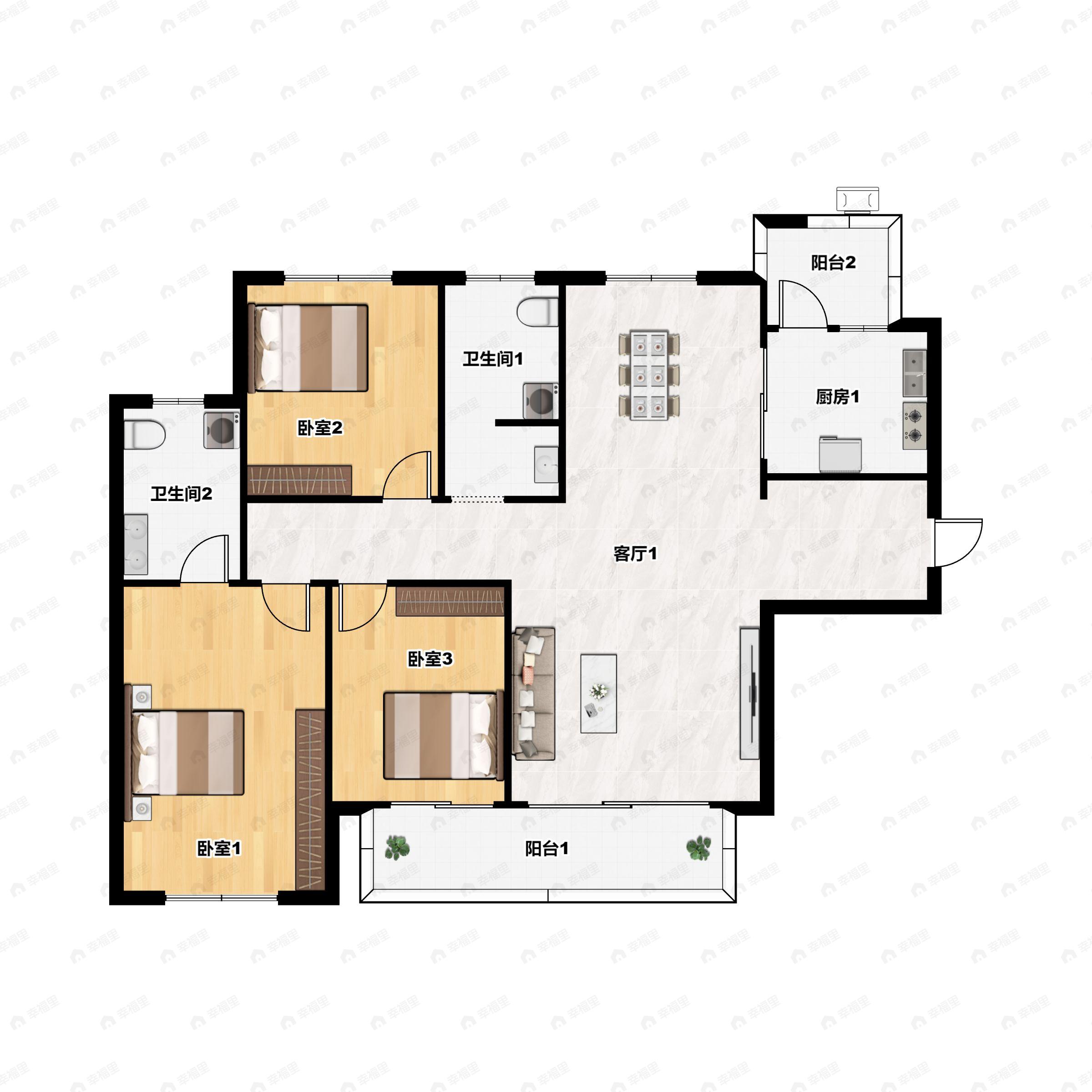 3室2厅2卫建面100平户型图