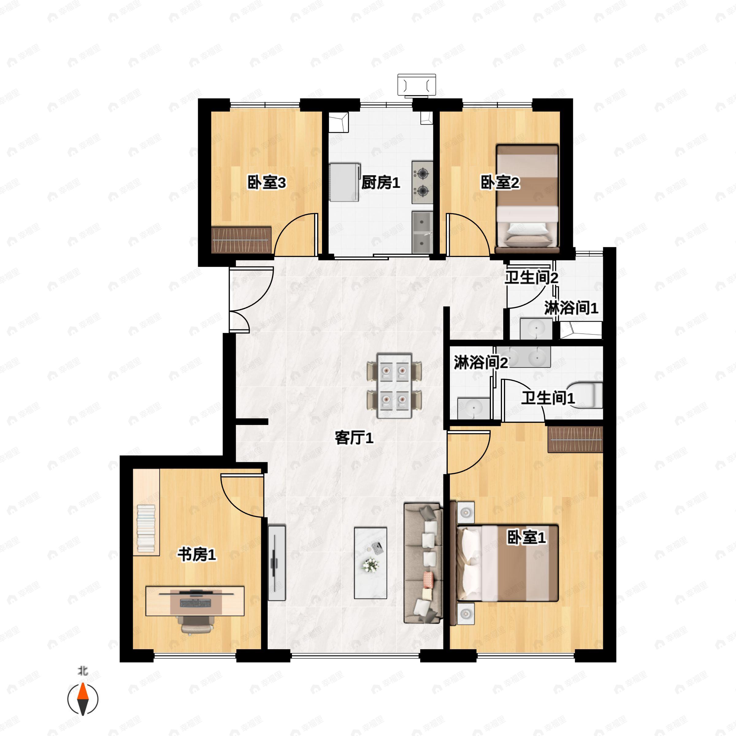 4室2厅2卫建面132平南|北户型图