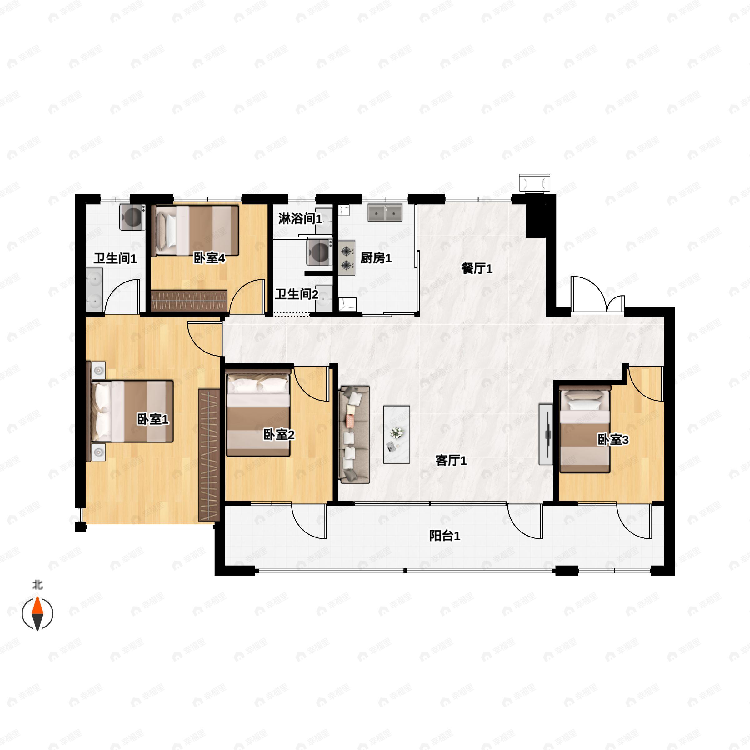 4室2厅2卫建面155平南户型图