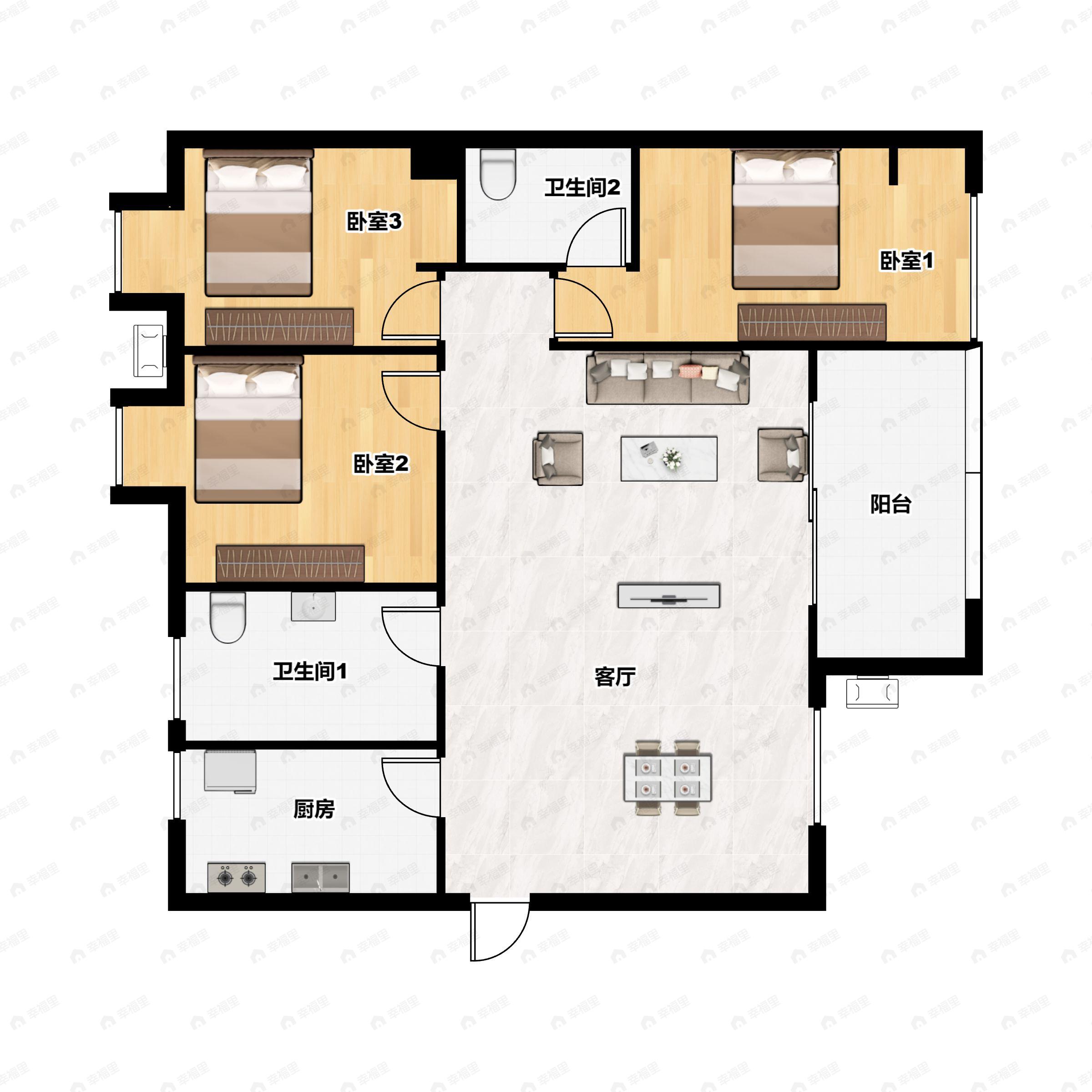 3室2厅2卫建面96平户型图