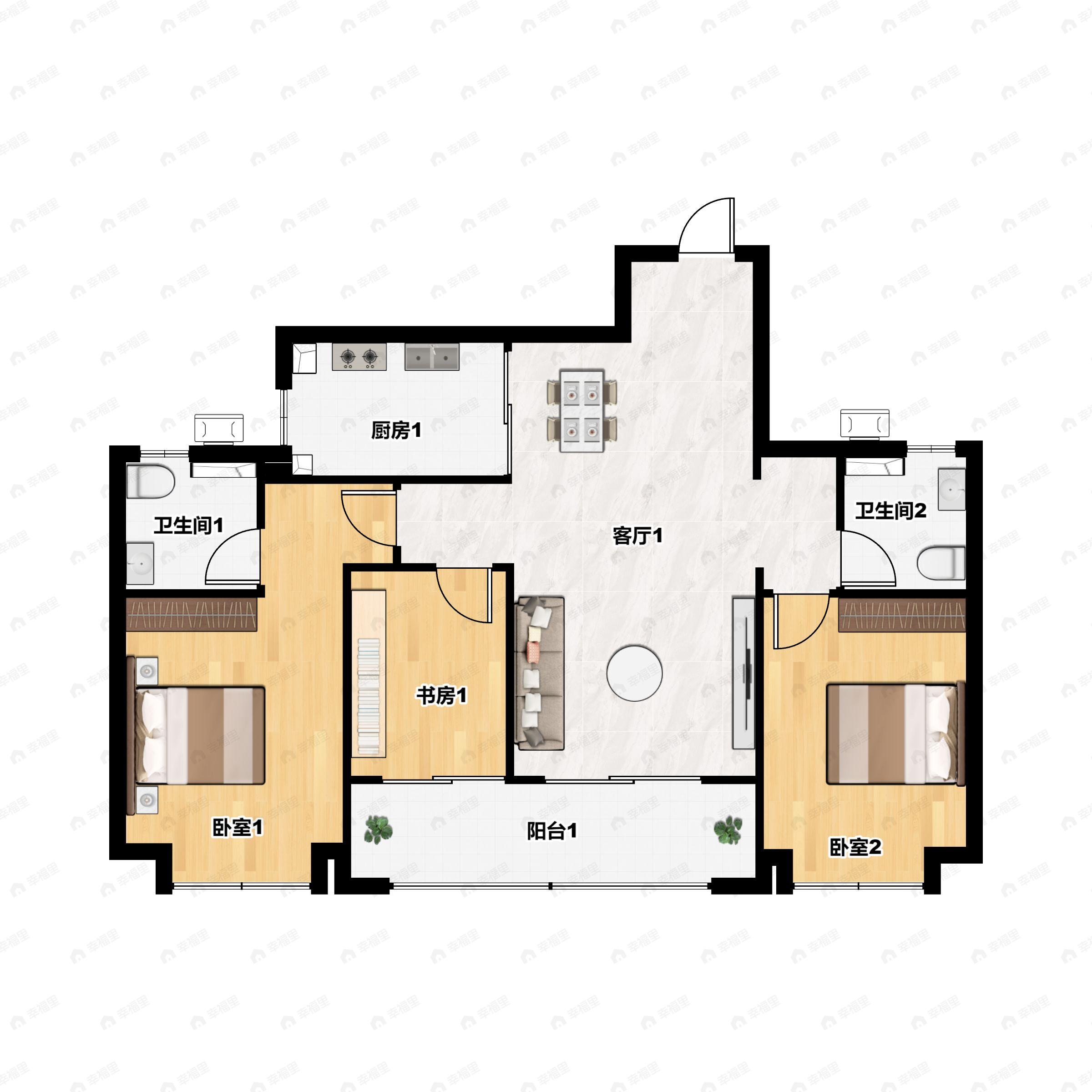 3室2厅2卫建面105m²南户型图