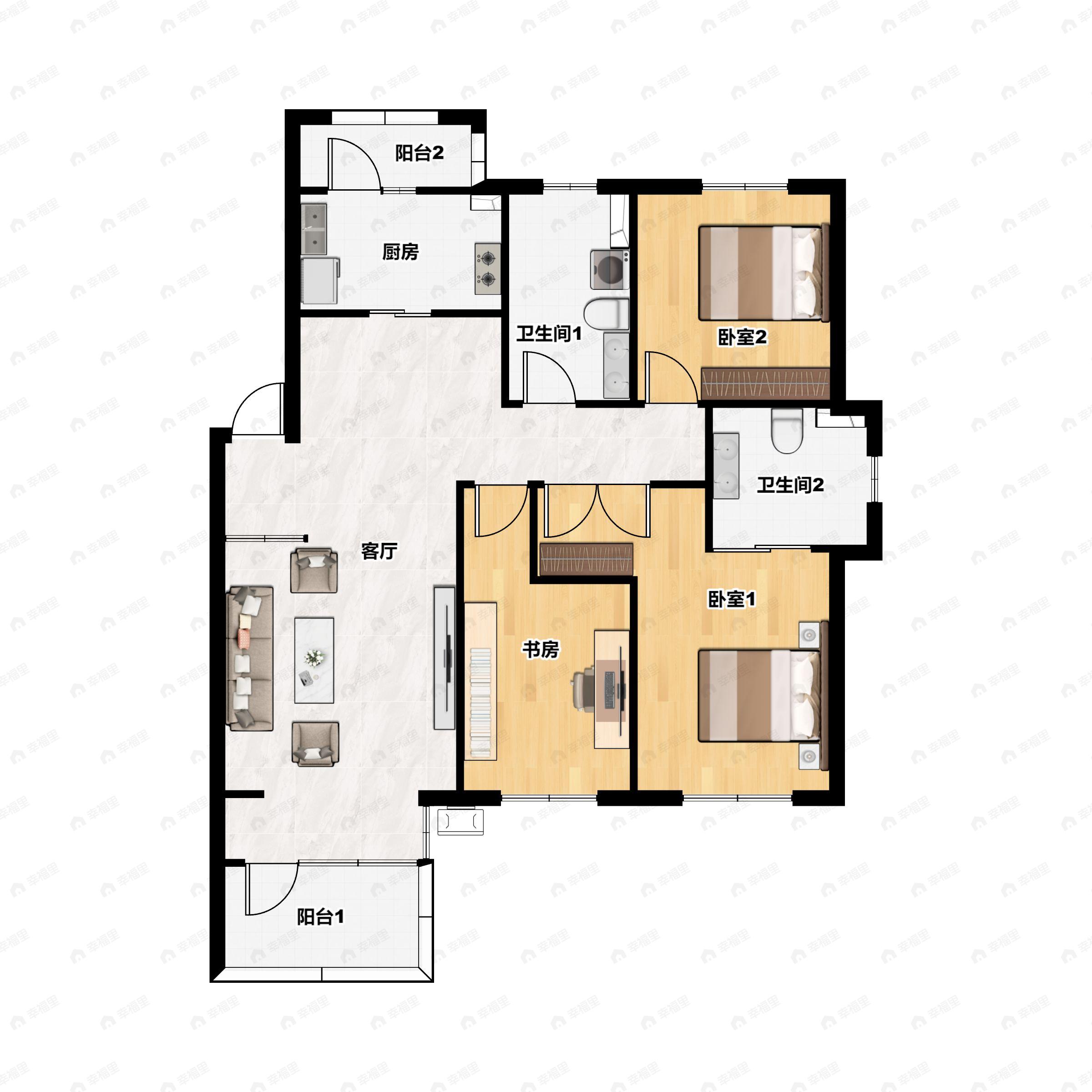 3室2厅2卫建面105平南|北户型图