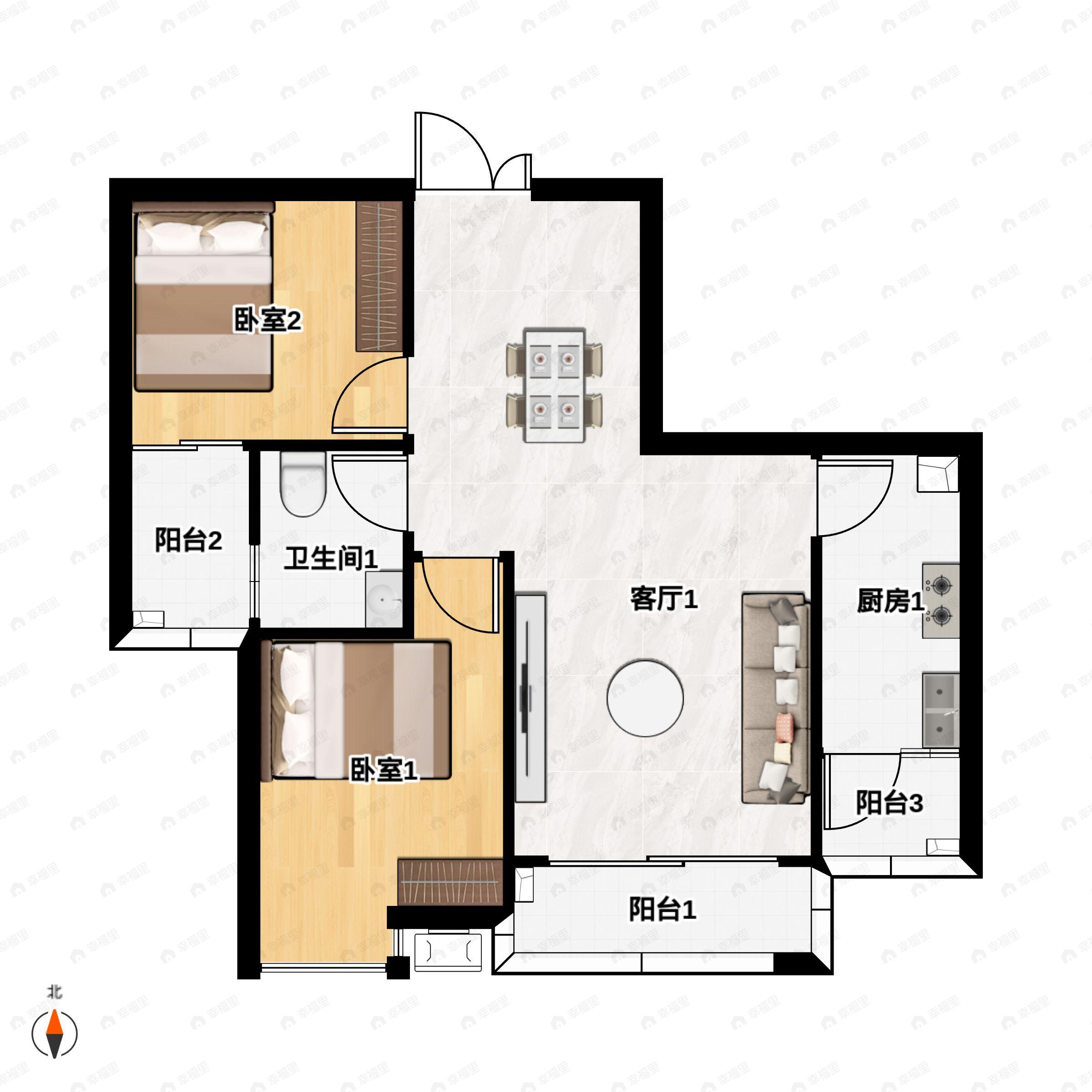 2室2厅1卫建面76m²南户型图