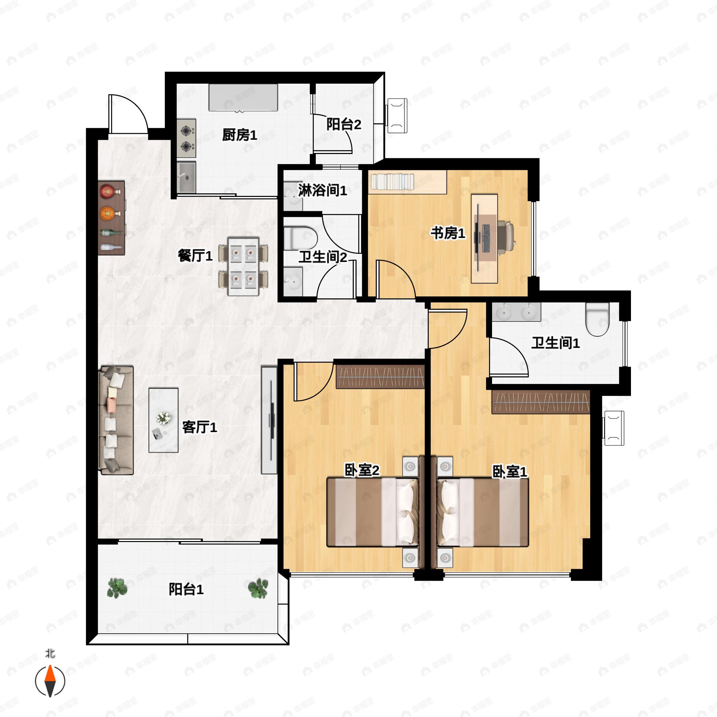 3室2厅2卫建面98平南户型图