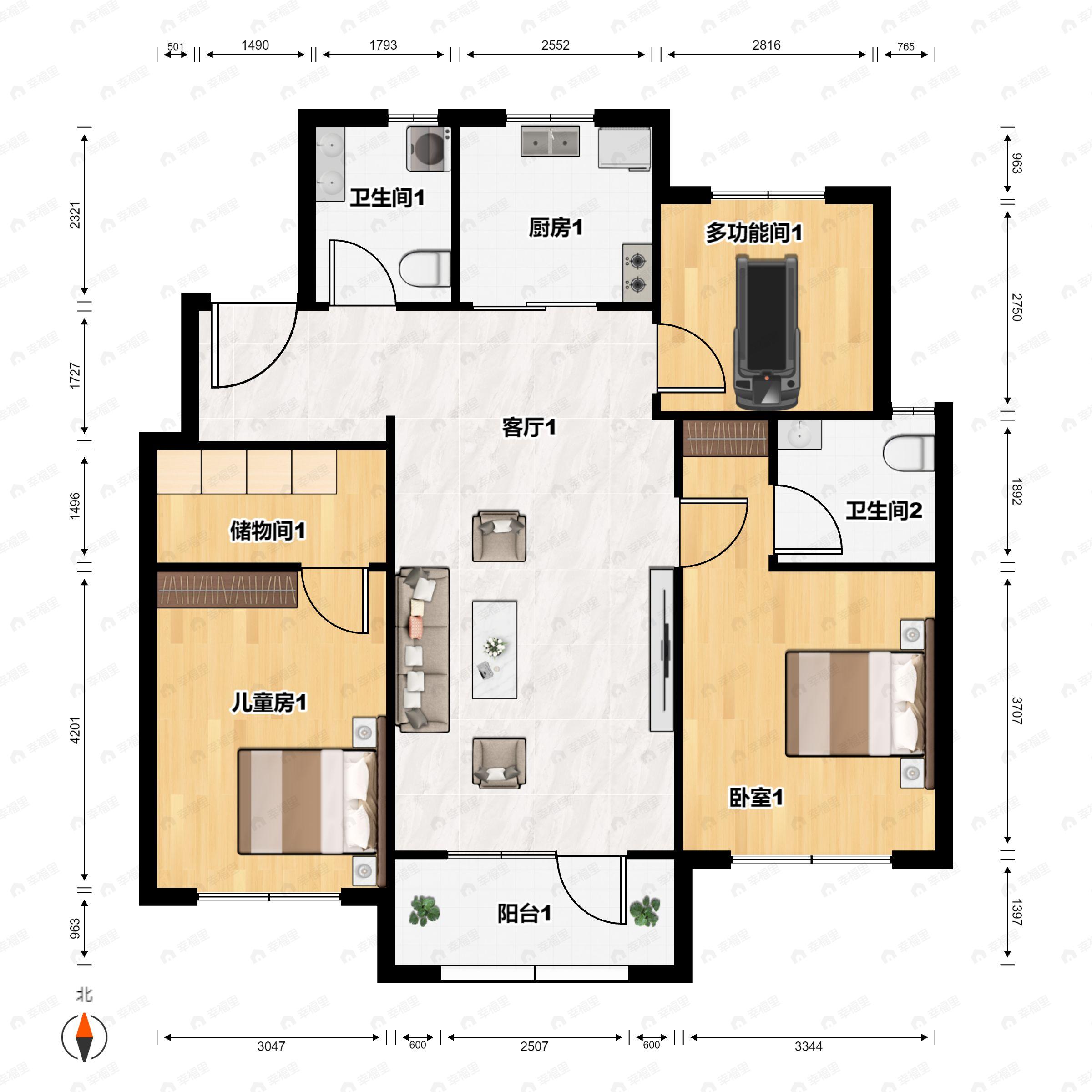 3室2厅2卫建面105平户型图