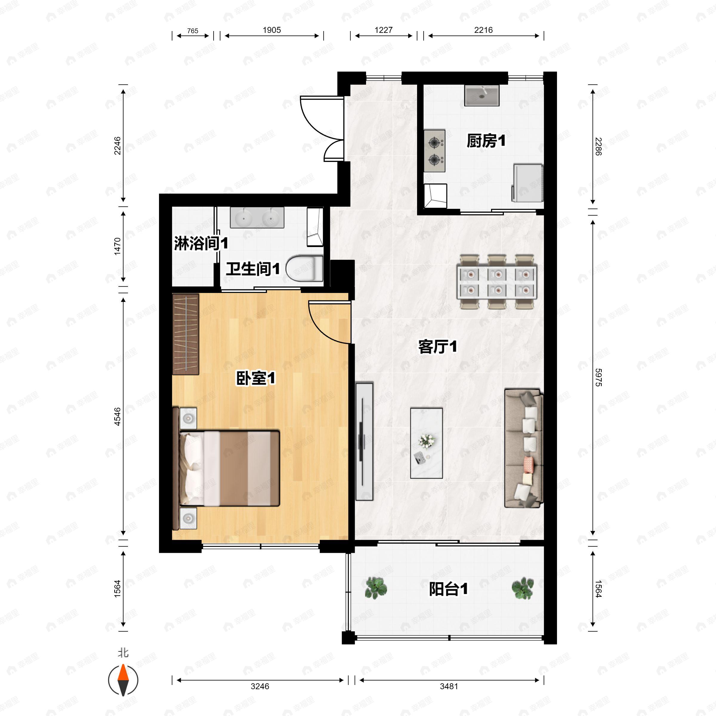 1室2厅1卫建面83m²南户型图