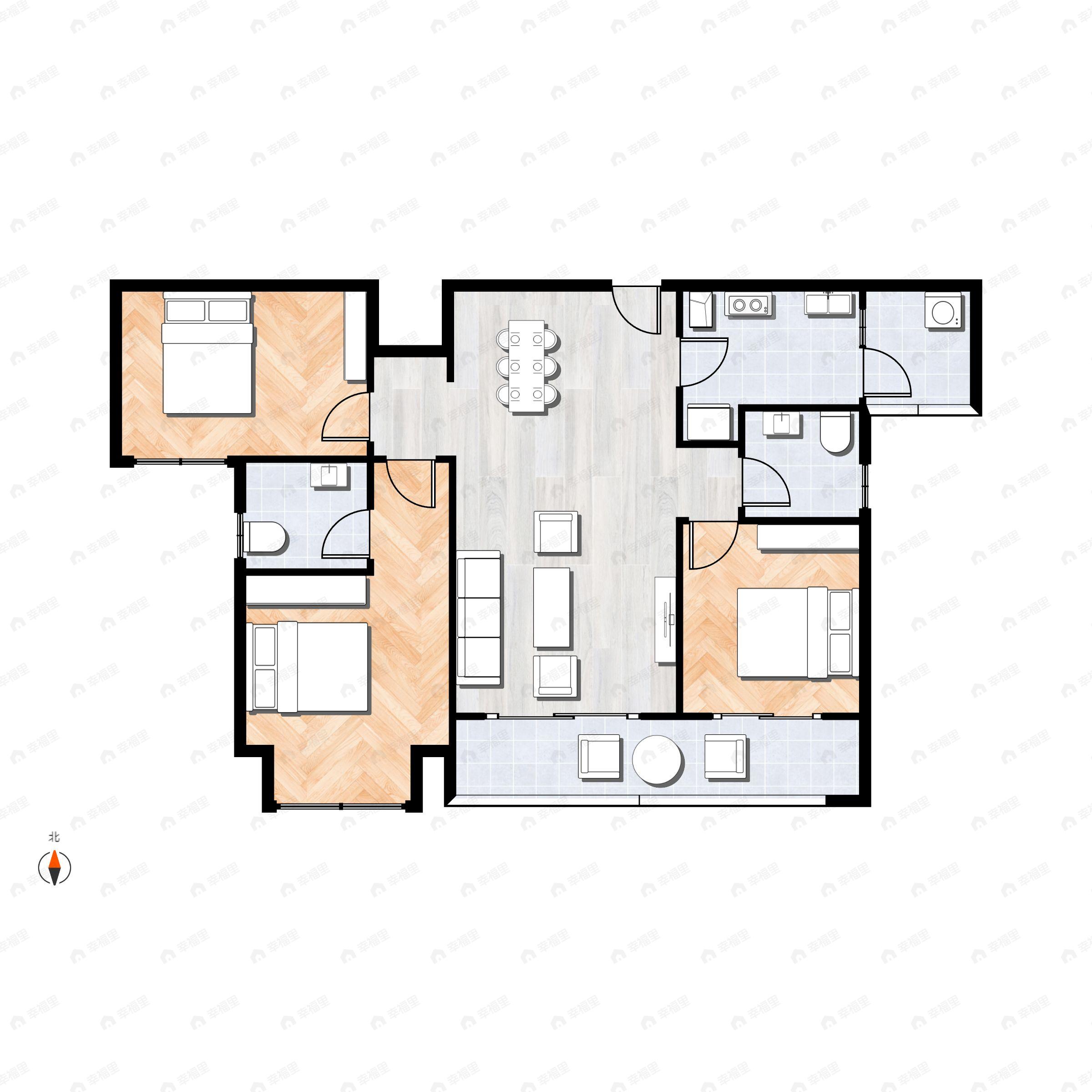 3室2厅2卫建面92平南|北户型图