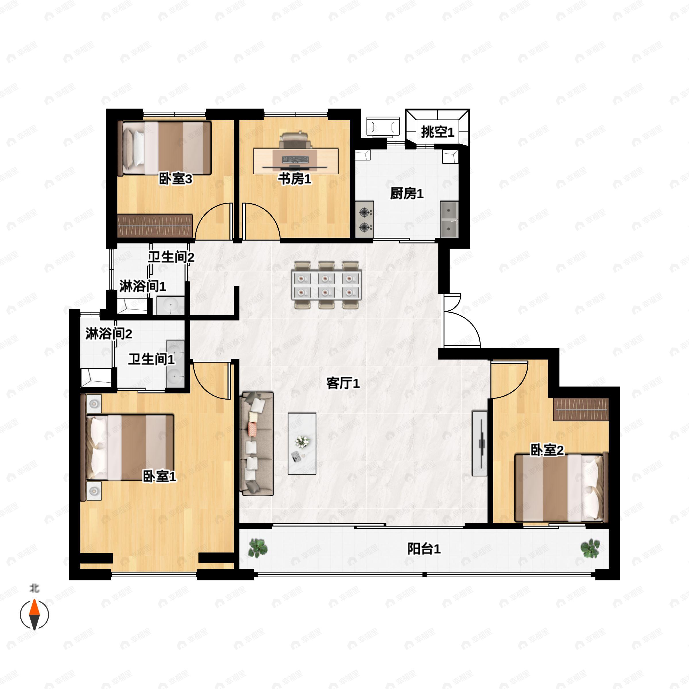 4室2厅2卫建面145平南|北户型图
