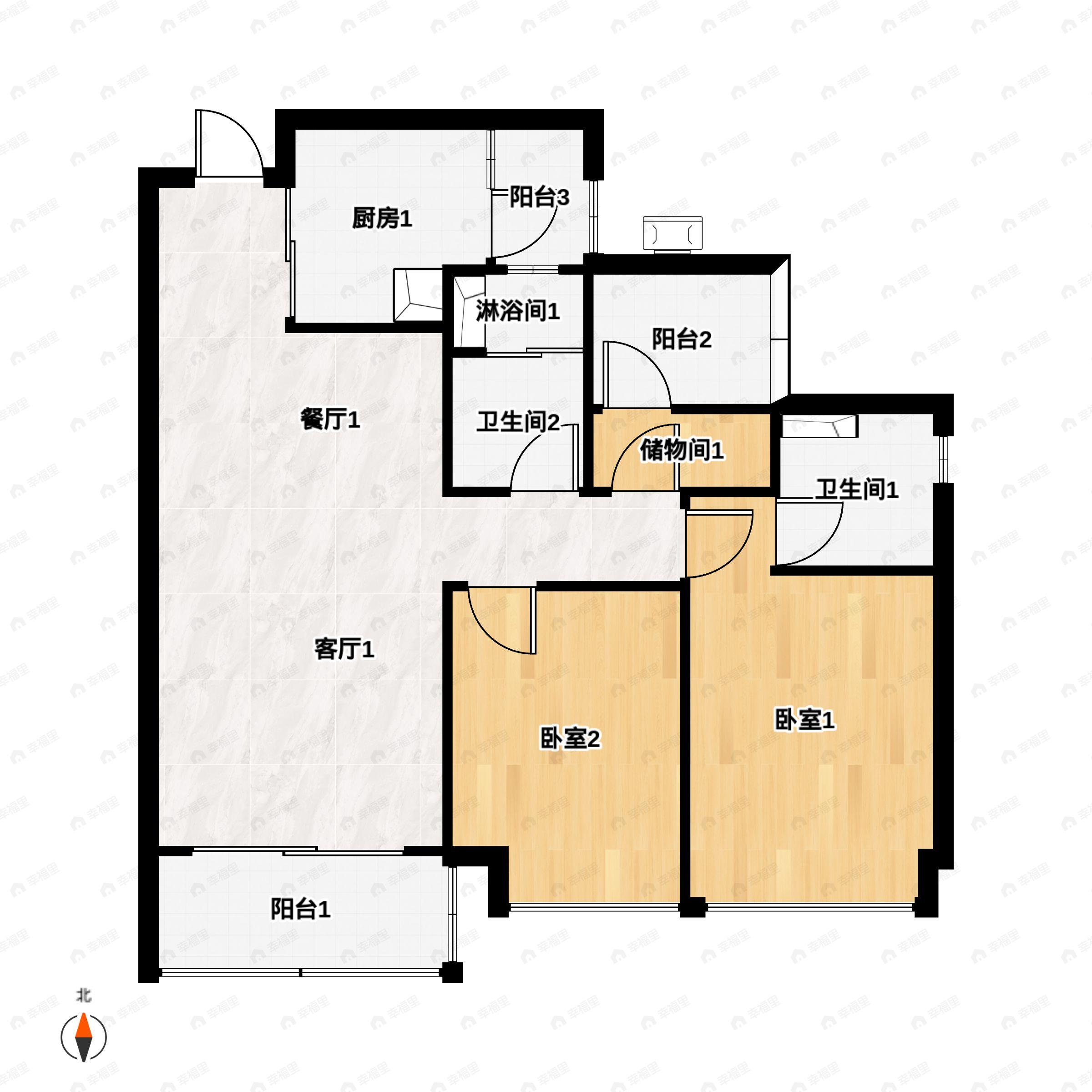 2室2厅2卫建面92平户型图