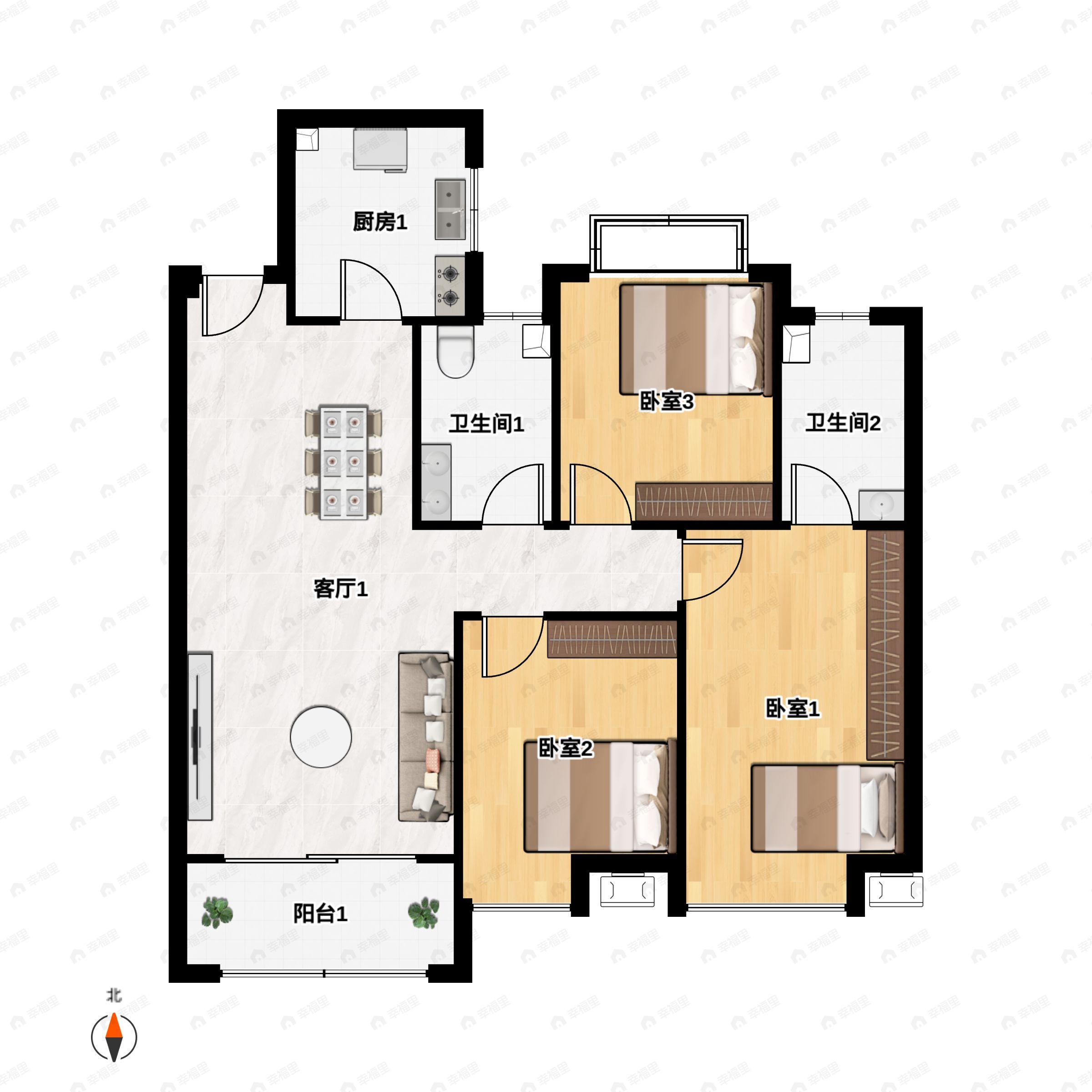 3室2厅2卫建面118m²南户型图