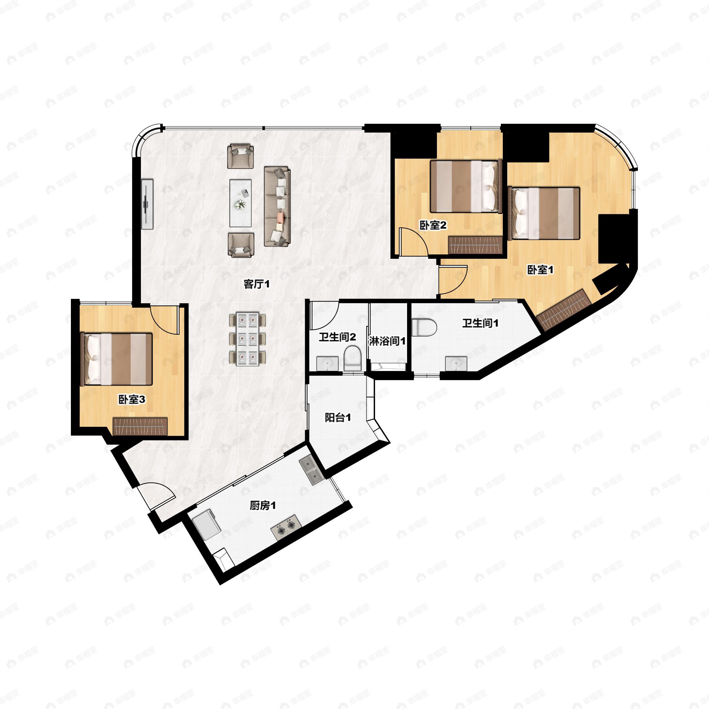 3室2厅2卫建面124m²东南|东北户型图