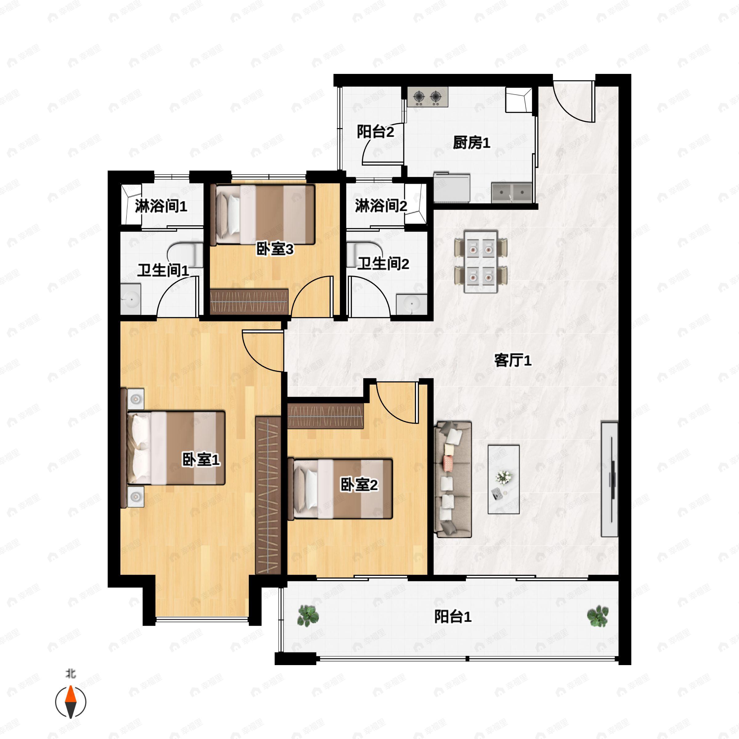 3室2厅2卫建面115m²南户型图