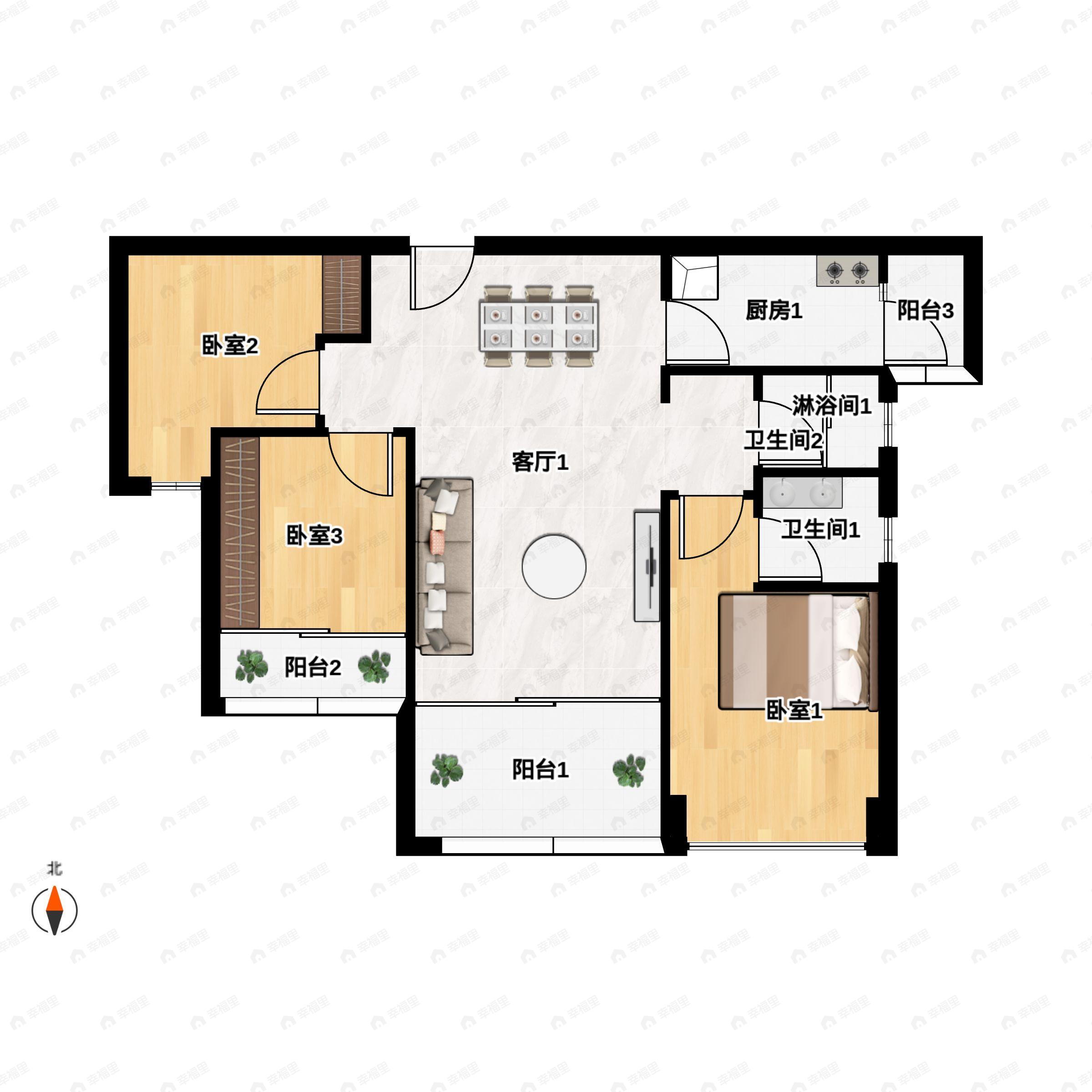 3室2厅2卫建面90平户型图