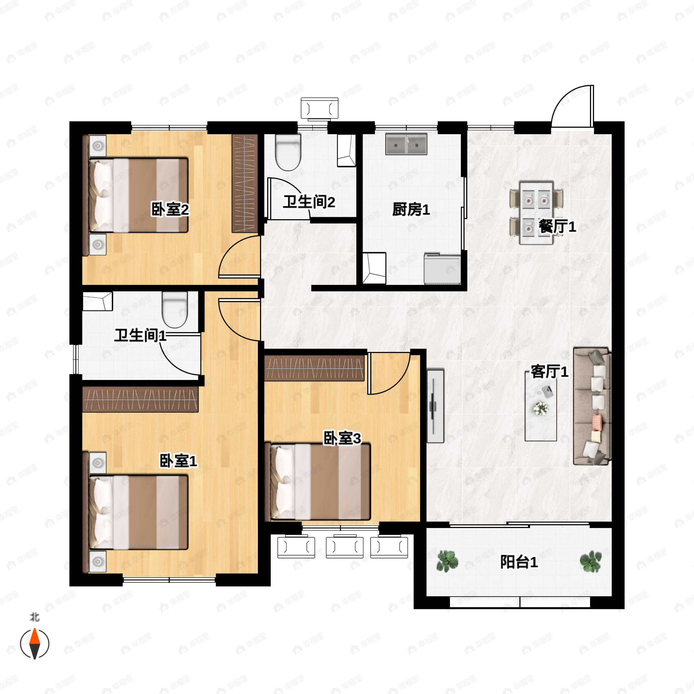 3室2厅2卫建面121平北|南户型图